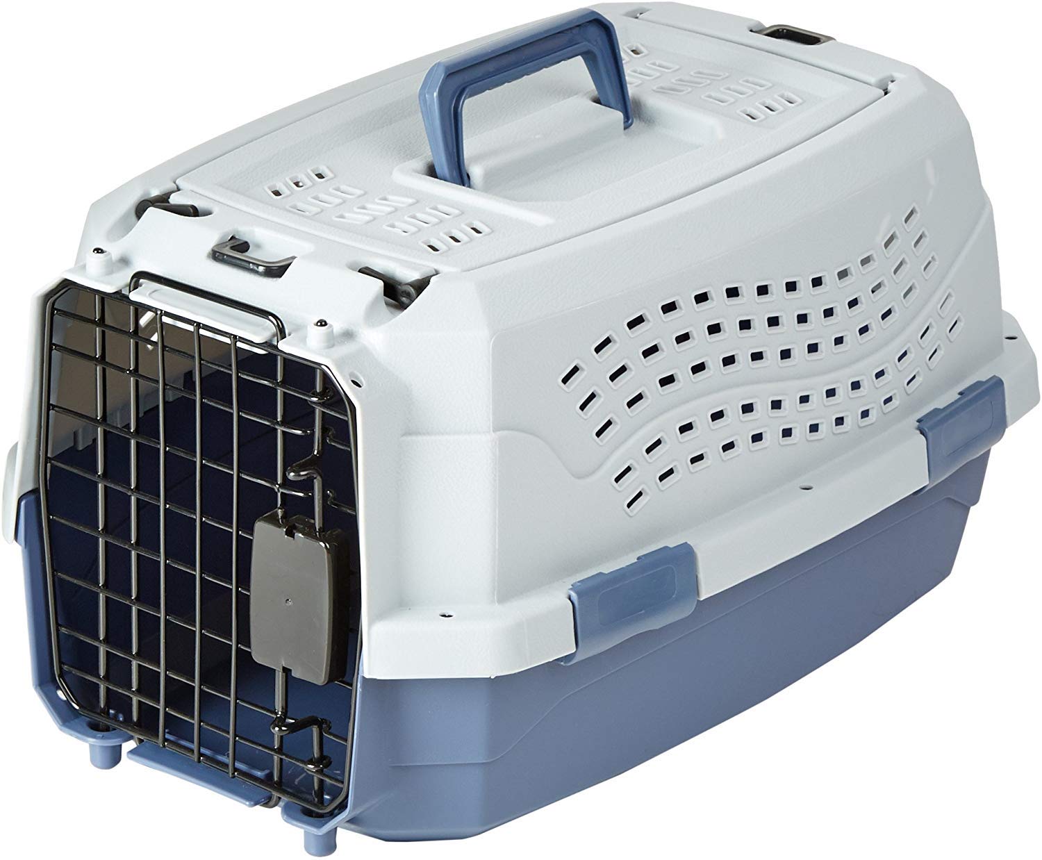 Transportín Amazon Basics para mascotas con dos puertas y buena ventilación.