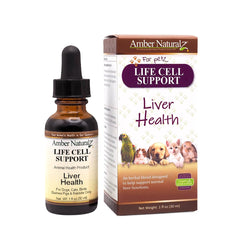AMBER NATURALZ en botella de vidrio ámbar para soporte hepático natural en mascotas