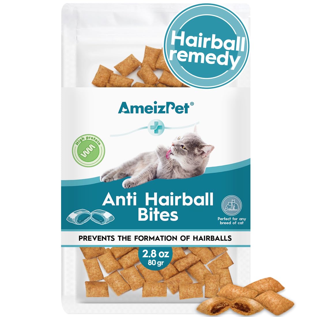 AmeizPet galletas antibolas pelo gato 80 g: ayuda a reducir las bolas de pelo y favorece la digestión.