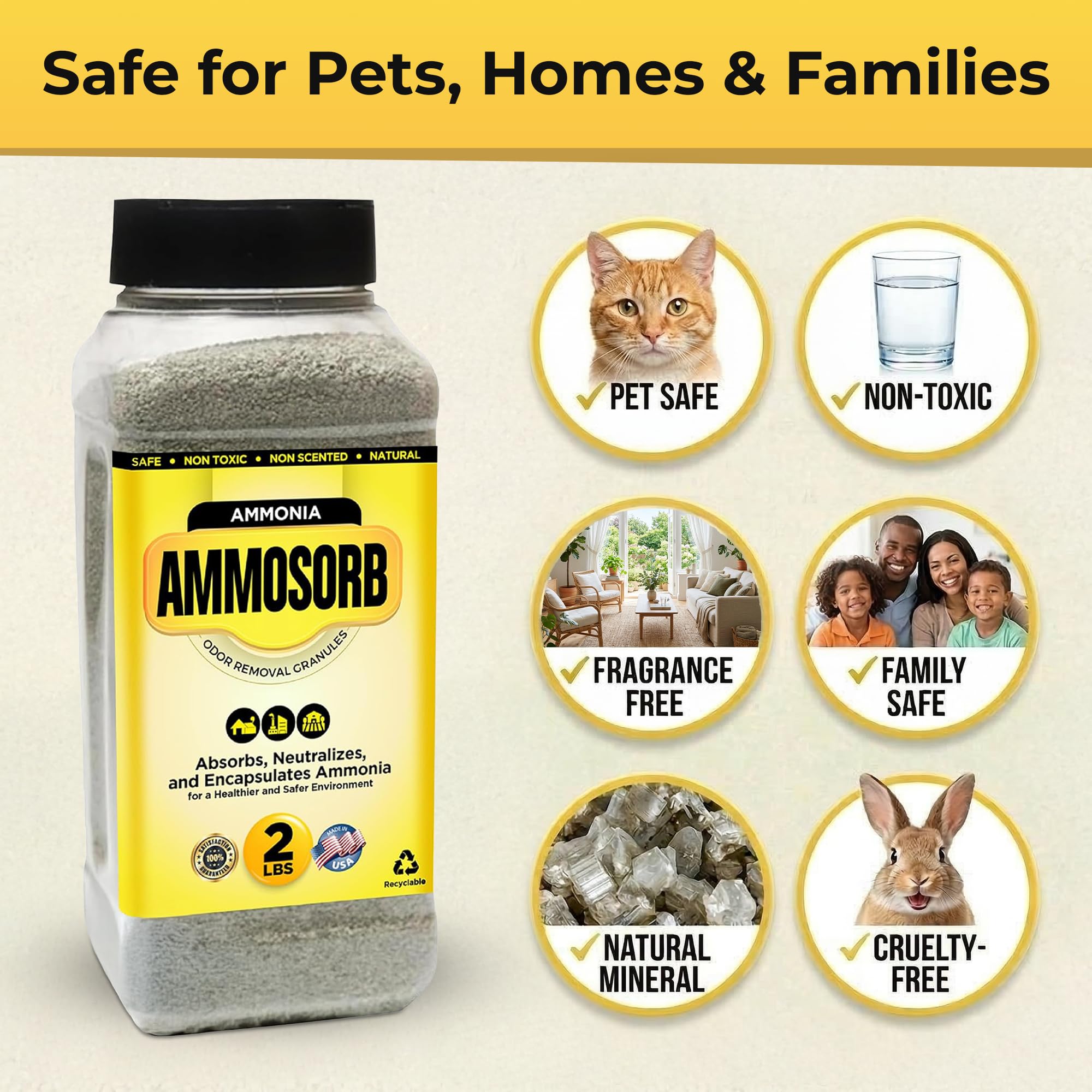 AMMOSORB seguro para mascotas en interiores mantiene aire fresco.