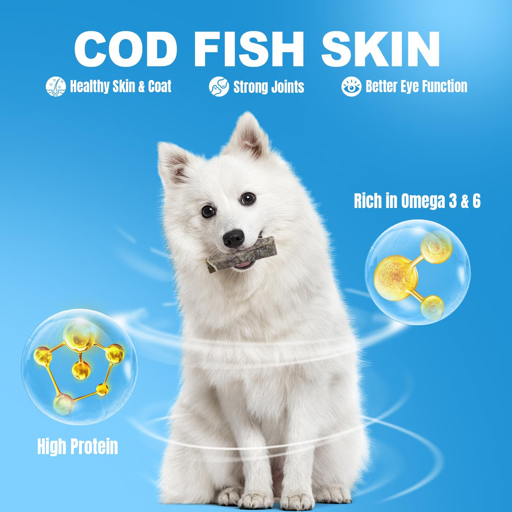 Amzey Cod Skin masticables, textura aire-deshidratada, sabrosos para premiar y limpiar dientes.
