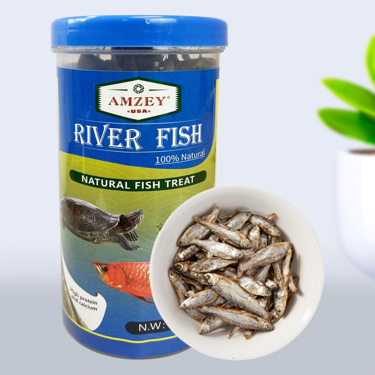 Amzey Pescado Río Seco en empaque, alimento natural para tortugas y peces.