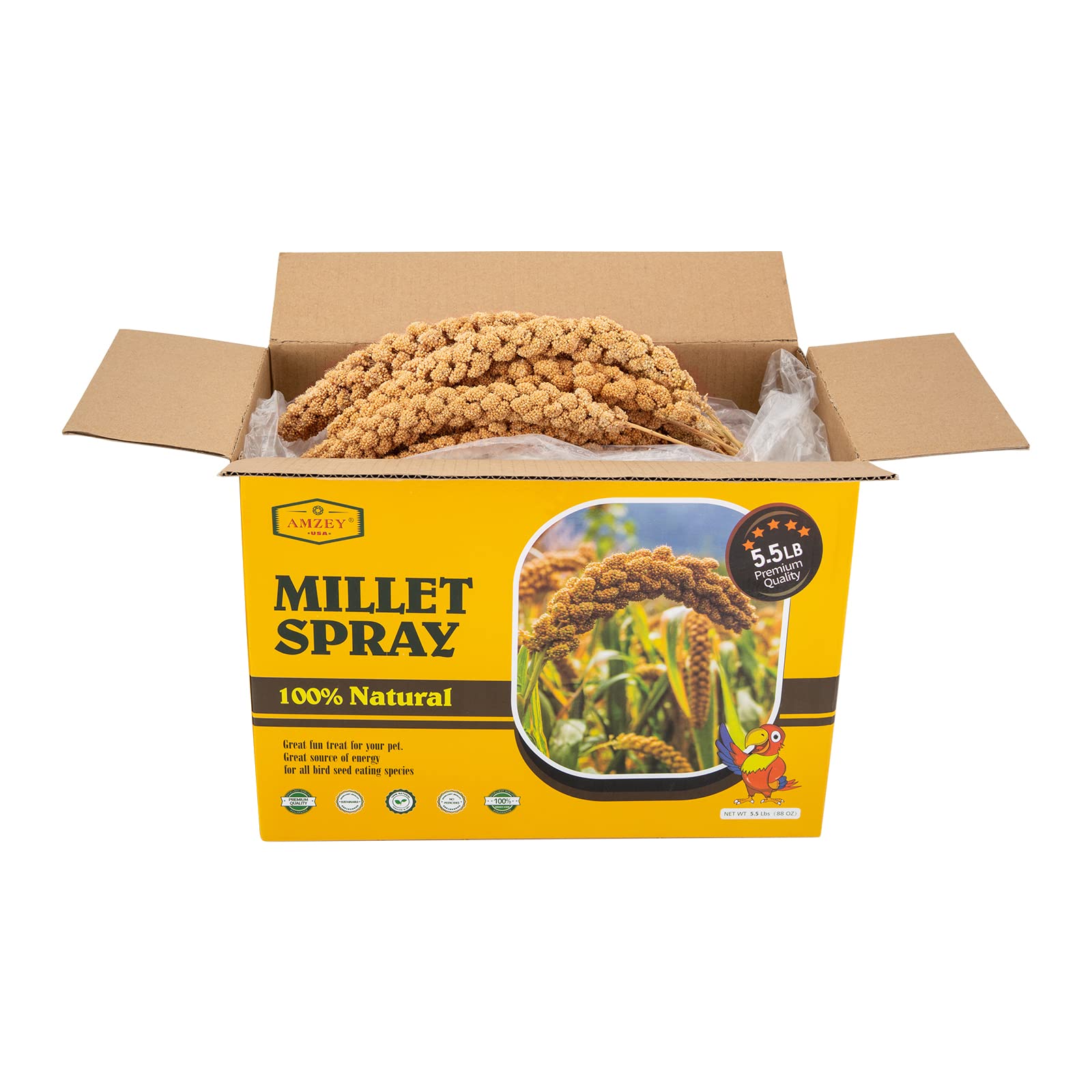 Amzey Spray Millet natural secado al sol, fuente suave de proteína para aves.