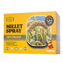 Amzey Spray Millet para periquitos junto a la percha, snack natural para aves.