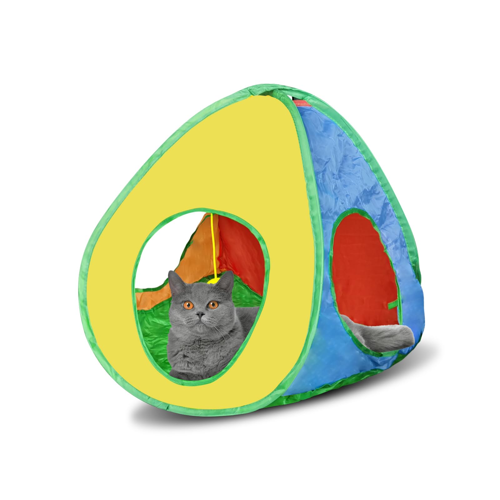 Andiker tent-gato con PlushBall, vista frontal para juego y descanso.