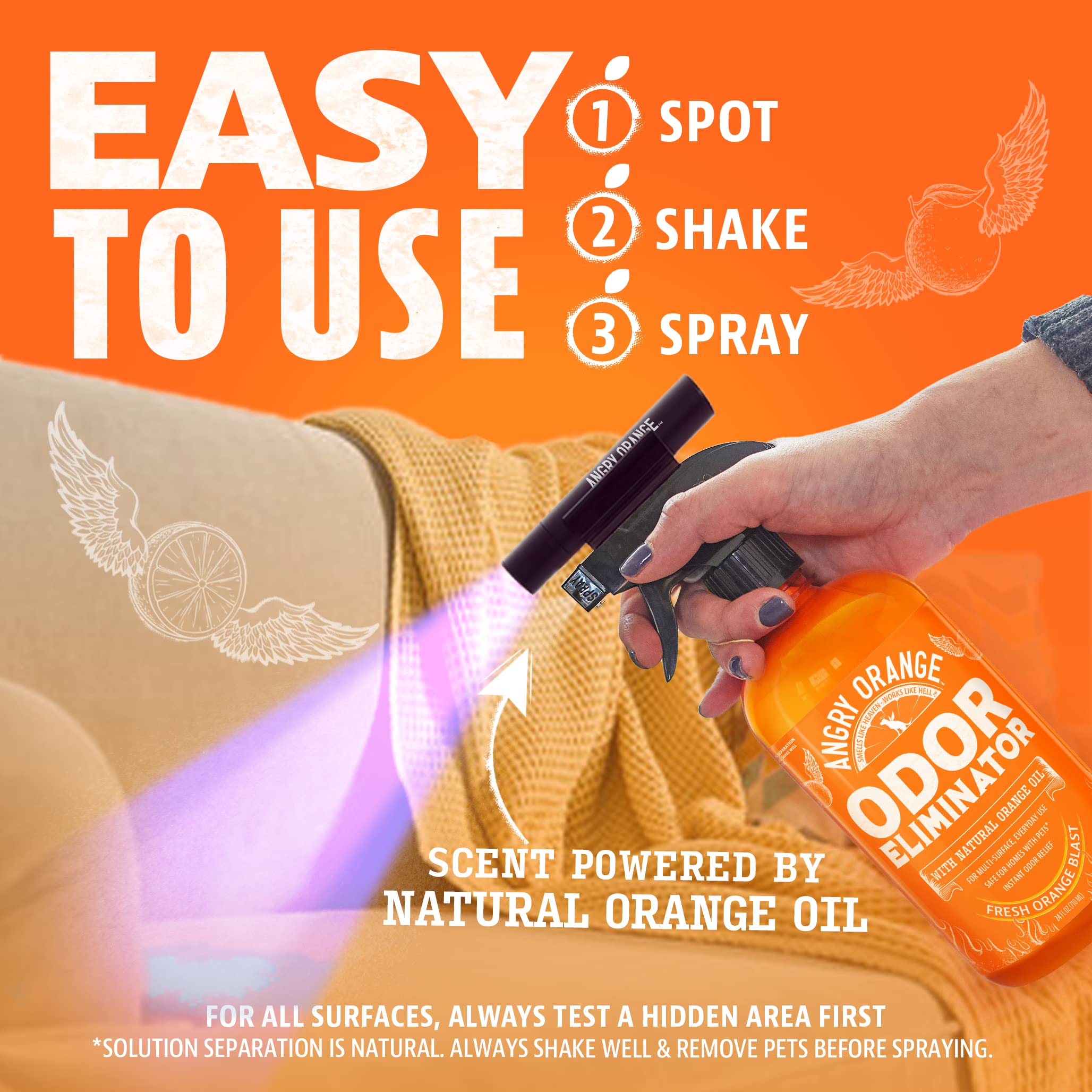 ANGRY ORANGE uso en coche y áreas blandas para eliminar olores en interiores.