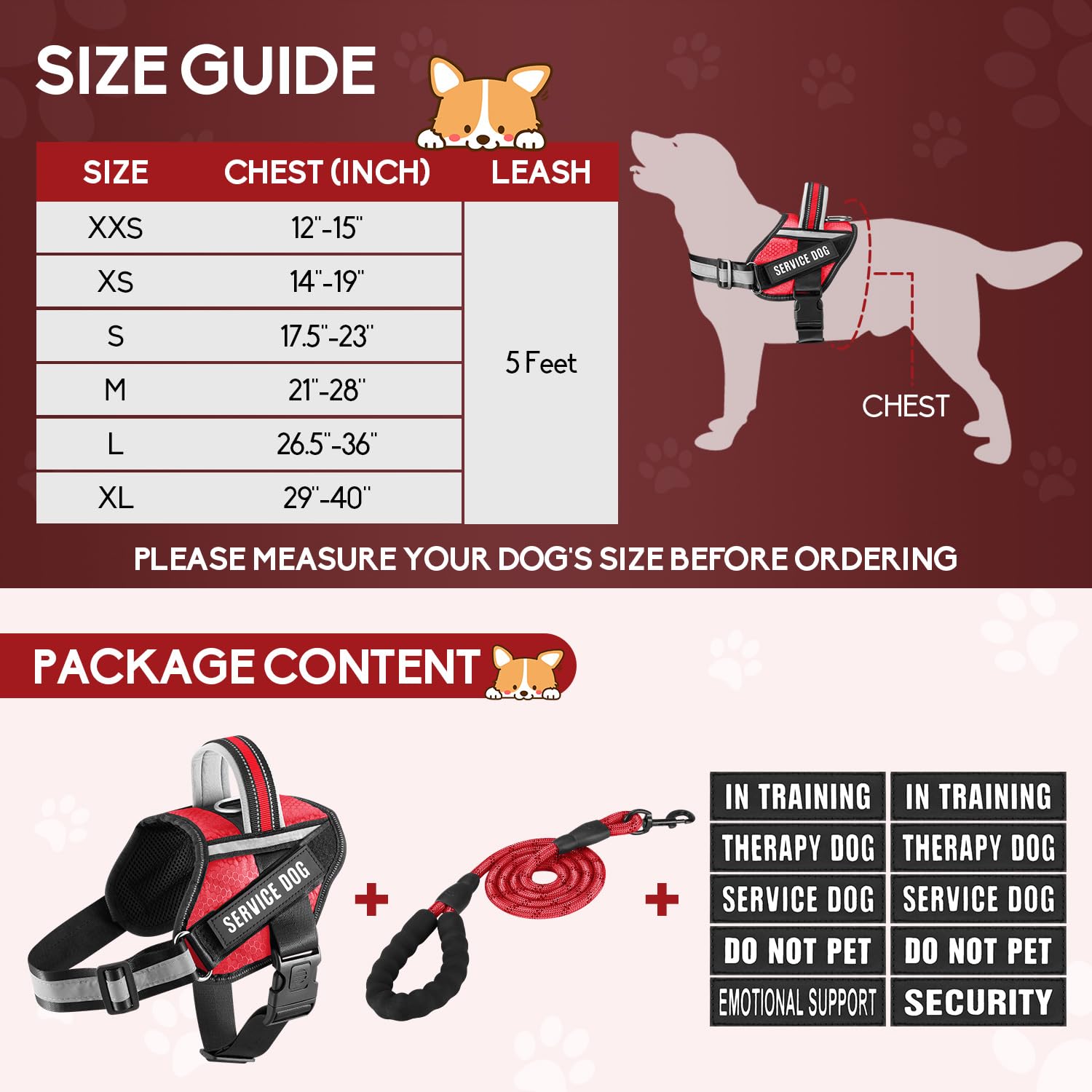 Guía de tallas Animire para arnés de perro, desde XS hasta XL.