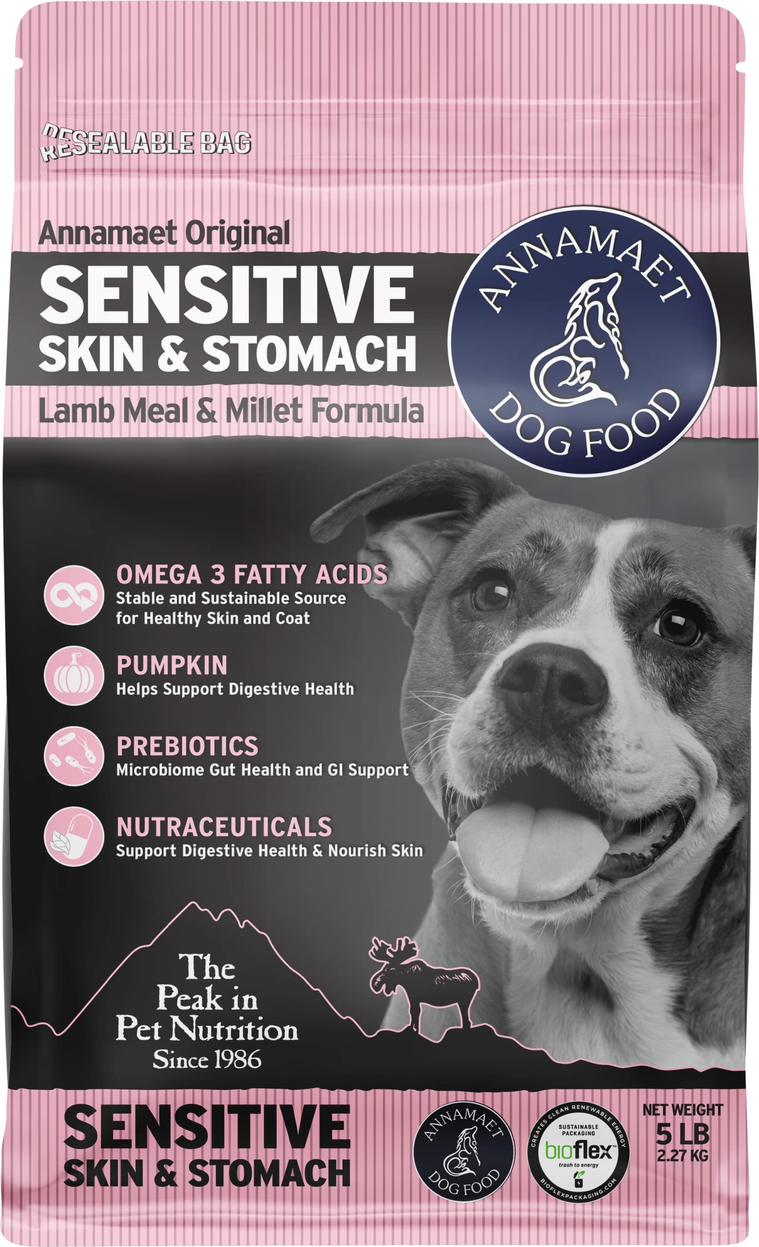Alimento seco para perros Annamaet con piel sensible y estómago, promueve digestión suave.