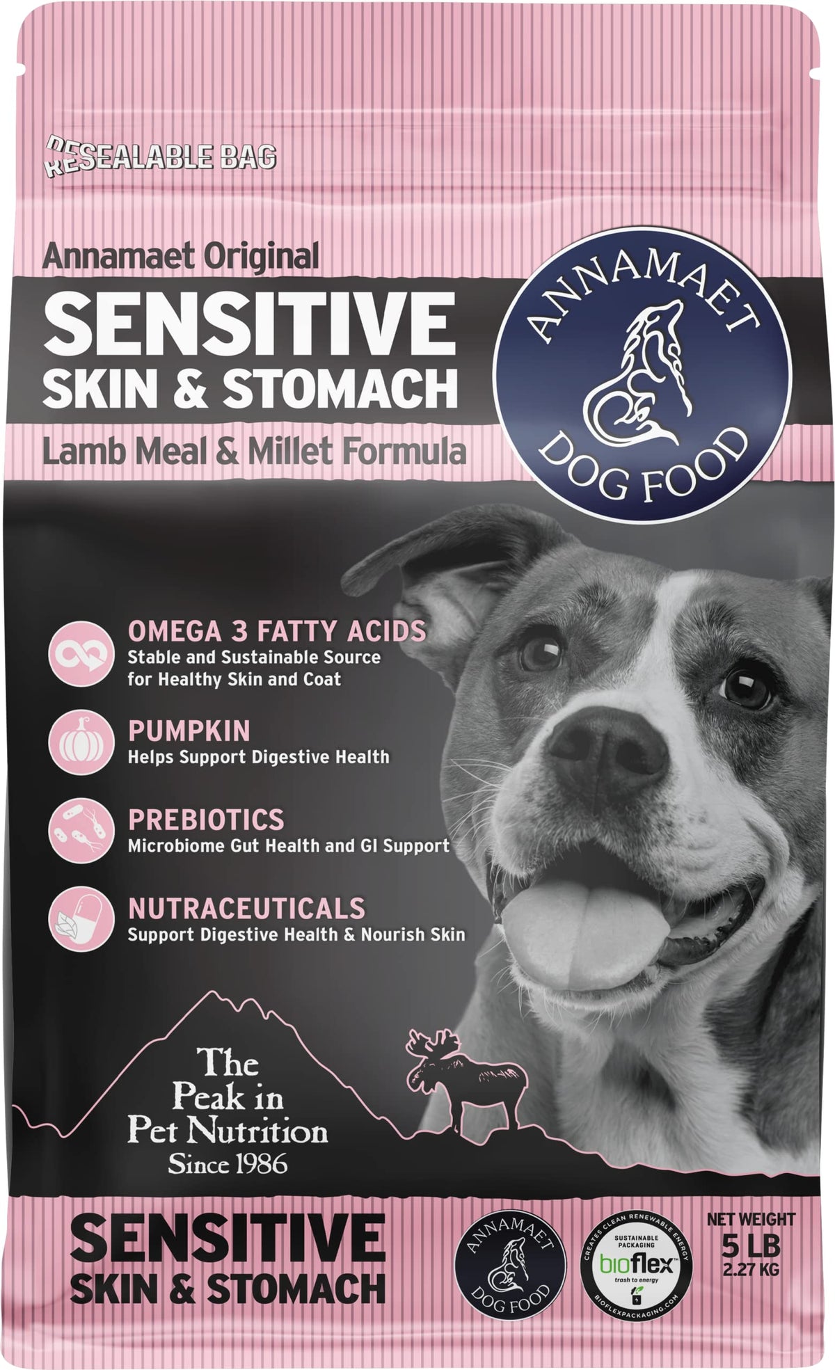 Alimento seco para perros Annamaet con piel sensible y estómago, promueve digestión suave.