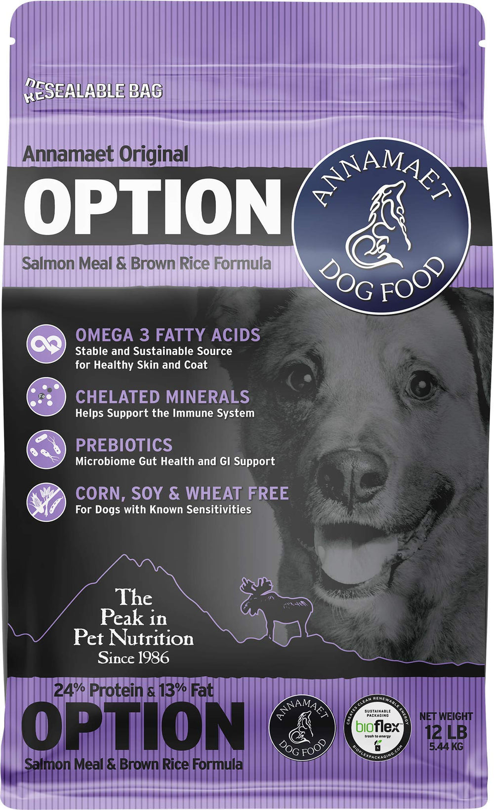 Annamaet Original Option Formula: bolsa de 12 libras con salmón y arroz, apoyo nutricional diario.