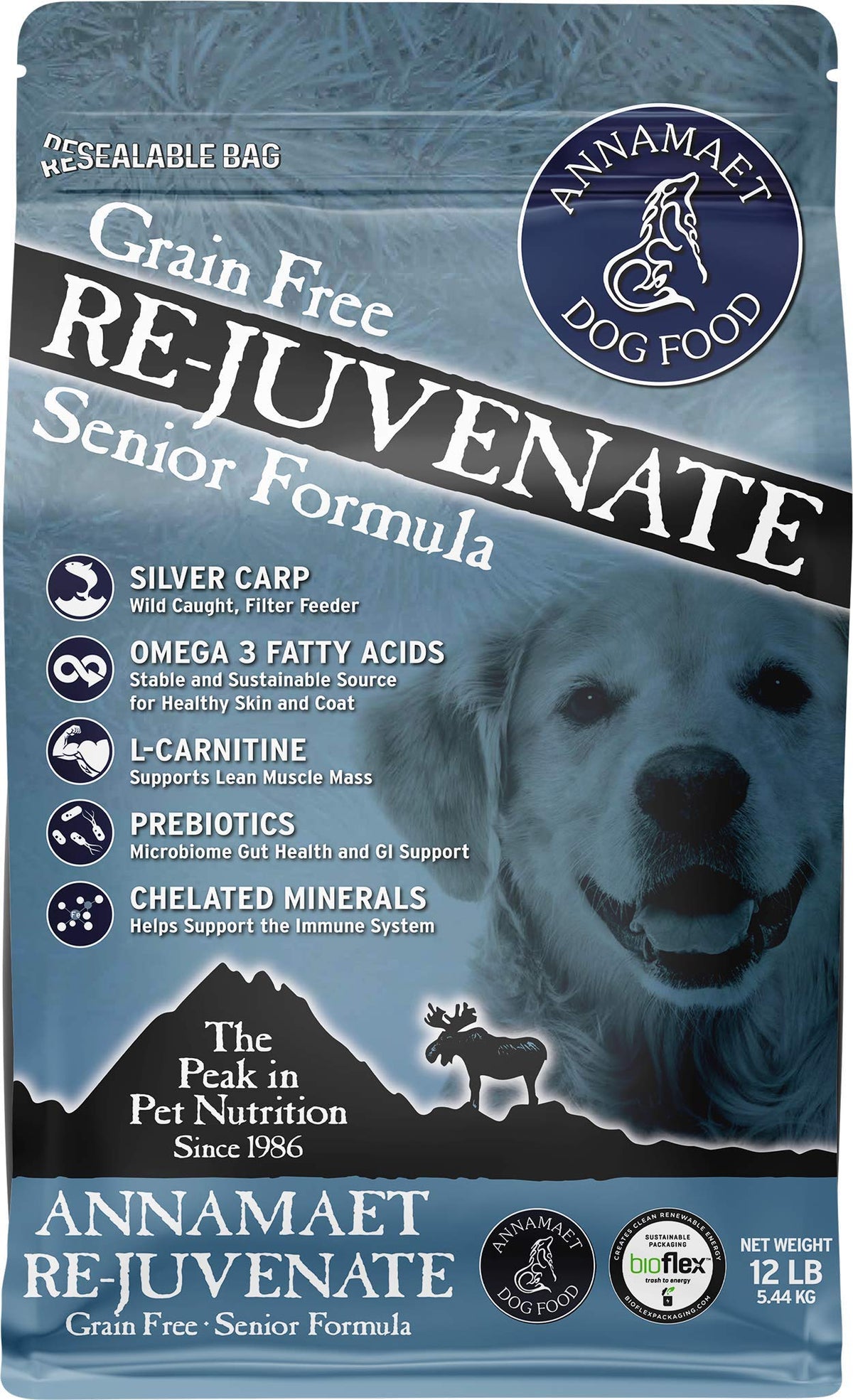 Bolsa de Annamaet Re-Juvenate Senior 12 libras, empaque práctico para perros mayores.
