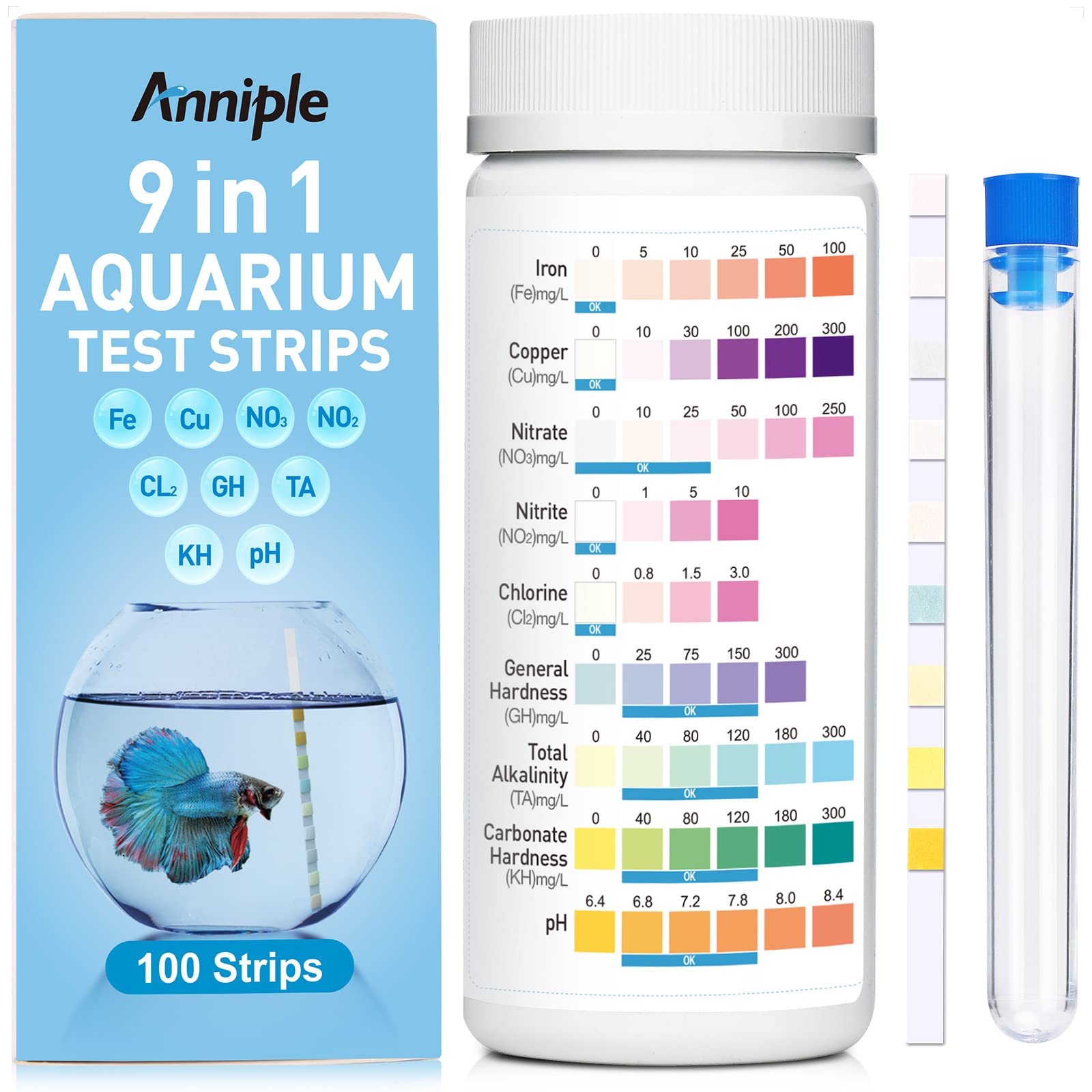 Anniple tiras de prueba para acuario, lectura rápida de resultados.