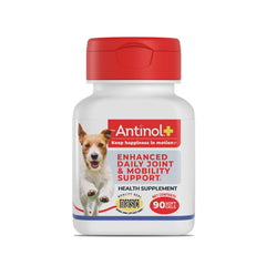 Antinol Plus: botella de cápsulas que apoya movilidad y comodidad en perros.