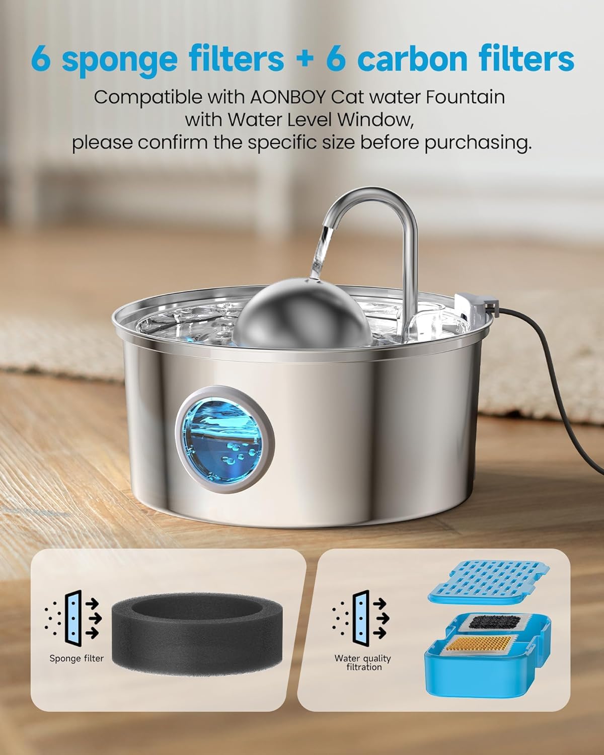 AONBOY bebederos de gatos, segunda capa filtra partículas para agua más clara.