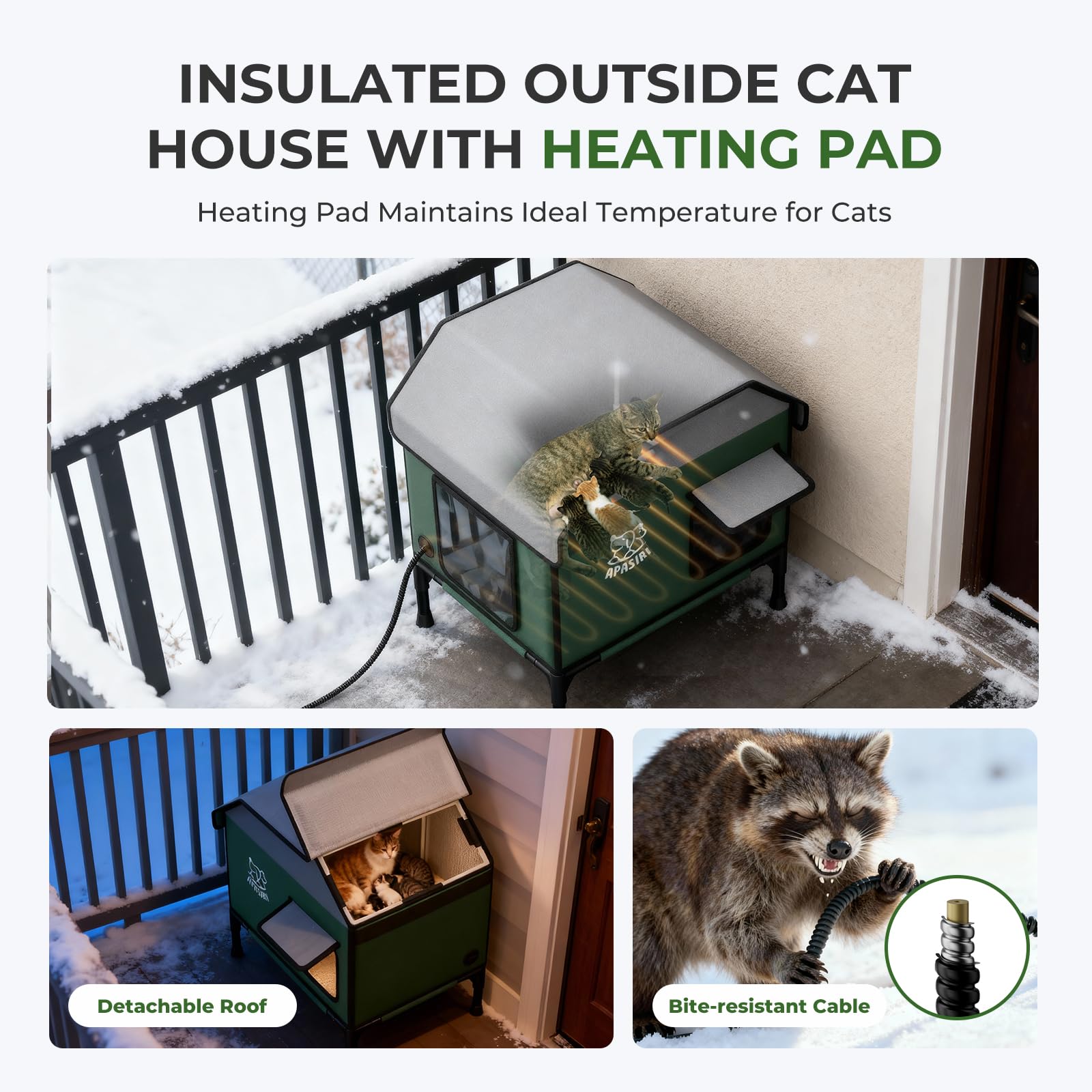 Apasiri, casa gatos exterior estructura de fibra reforzada, soporte estable para actividad de gatos.