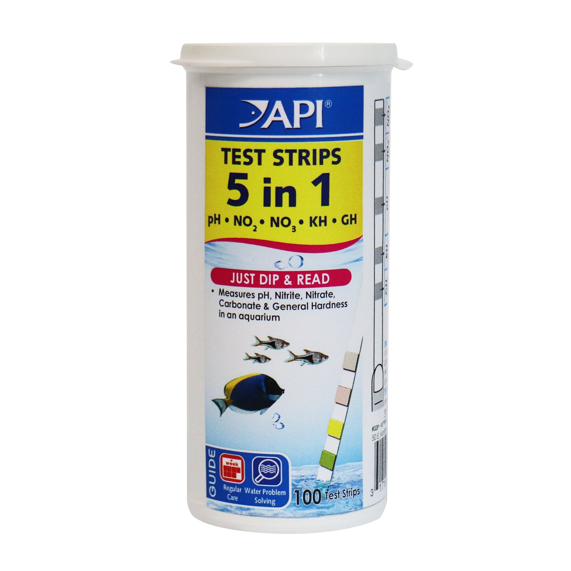API 5‑en‑1 Tiras de prueba para lectura rápida de pH y dureza del agua del acuario.