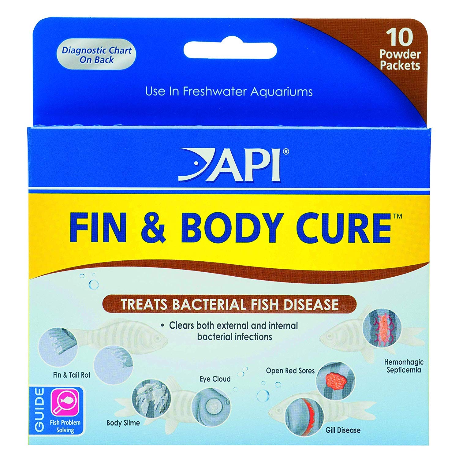API Fin & Body Cure polvo para peceras, ayuda a tratar infecciones bacterianas.