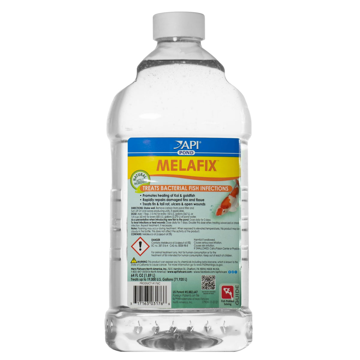 API Melafix, botella de 64 onzas, vista frontal, para tratamiento suave de infecciones en peces.
