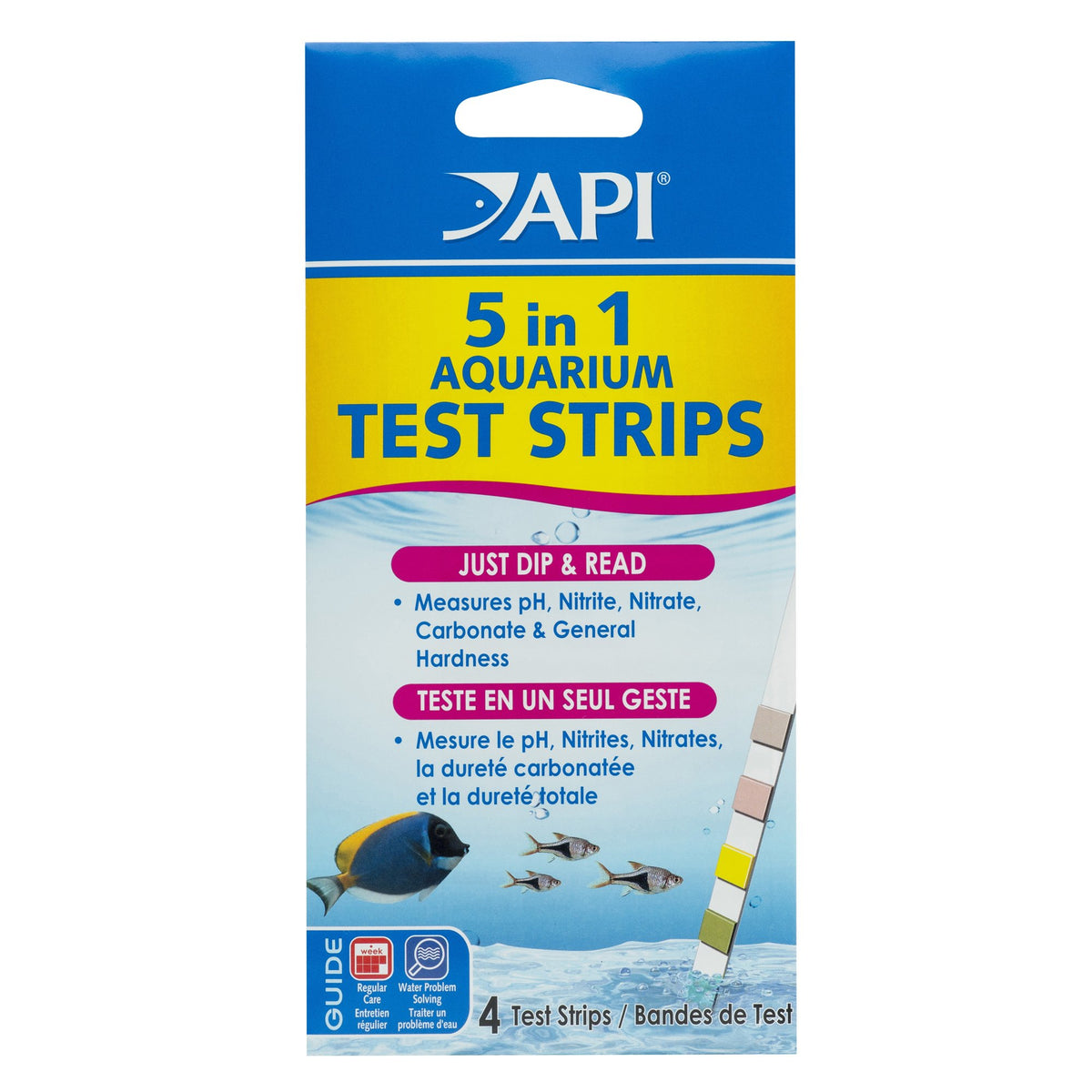 API 5-en-1 en caja de 4 unidades para monitoreo rápido del acuario.