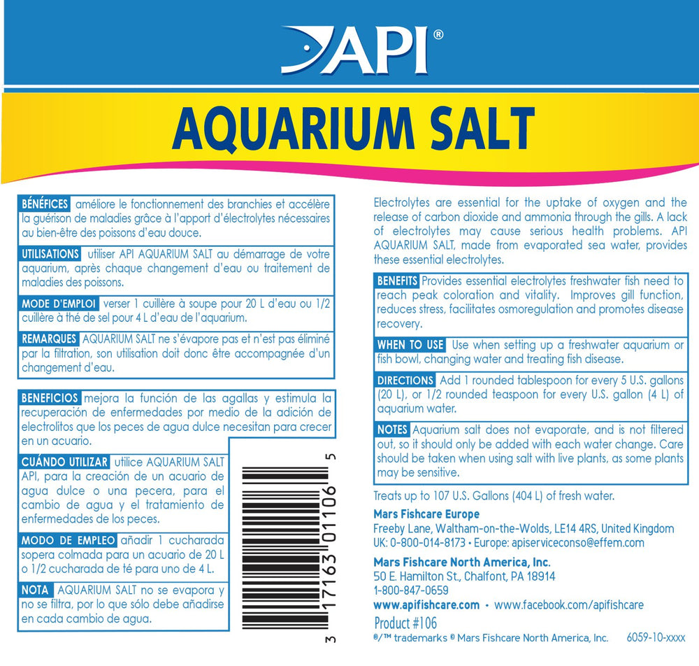 API sal natural de acuario electrolitos para bienestar de los peces