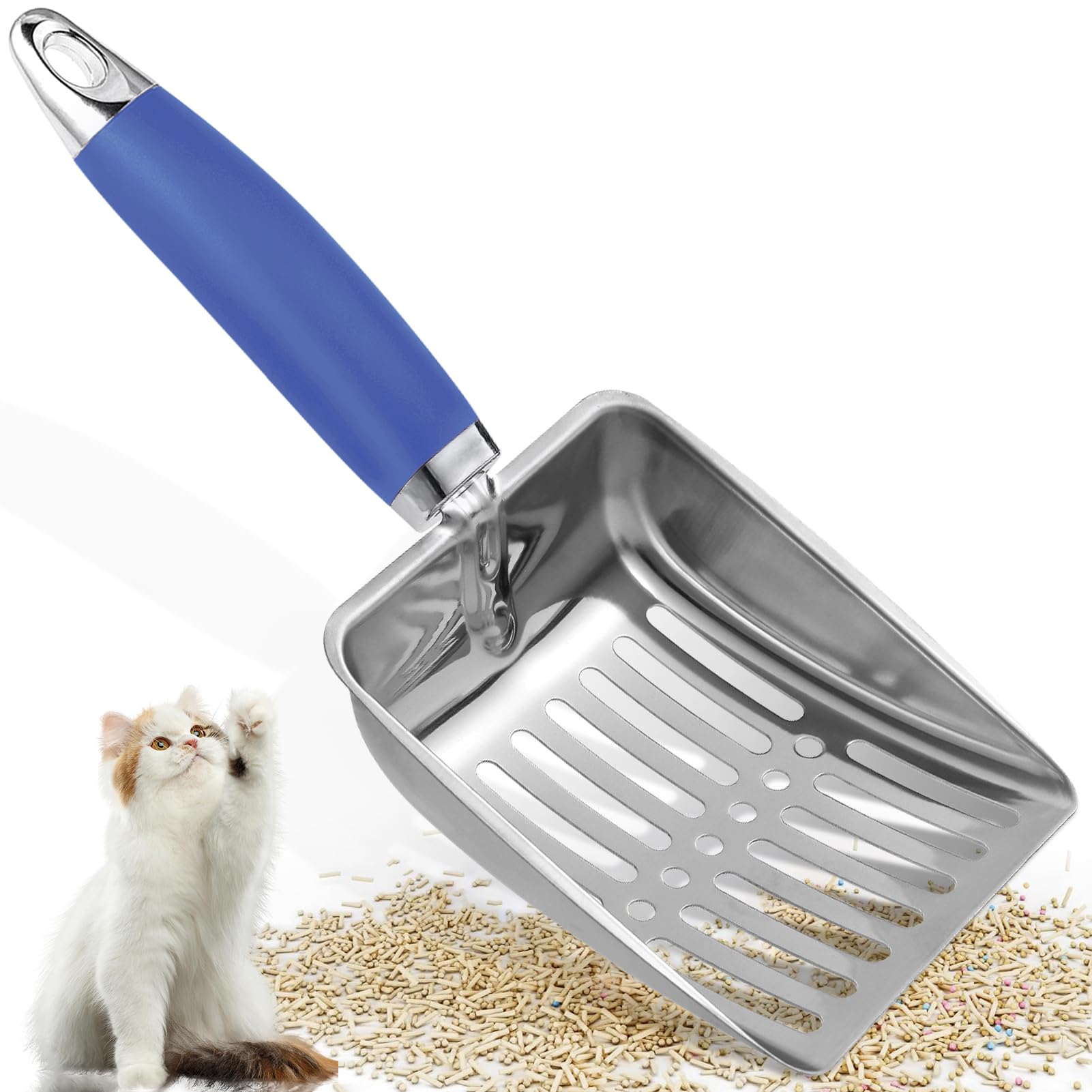 Apidgrowth cuchara para arena de gato, enfoque: metal azul, limpieza rápida y sencilla.