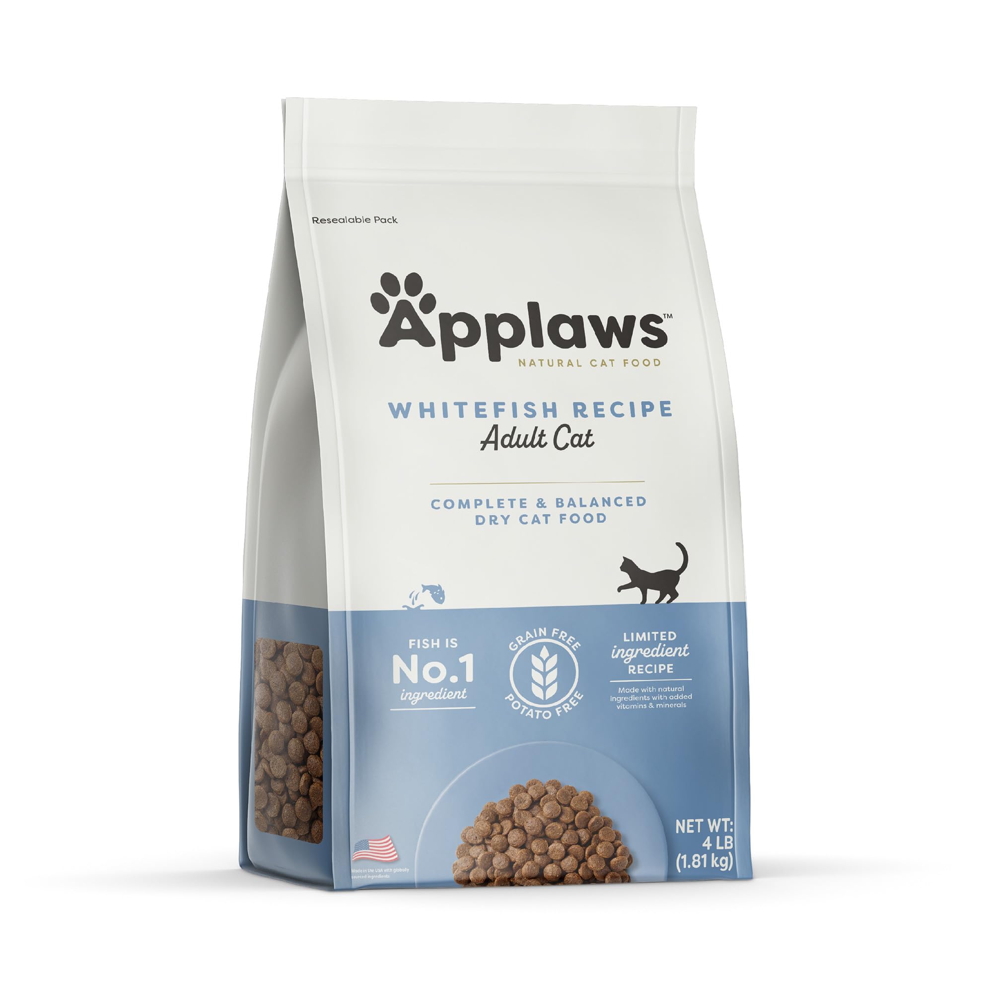 Applaws comida seca para gatos Whitefish en bolsa de 4 libras, presentación atractiva.
