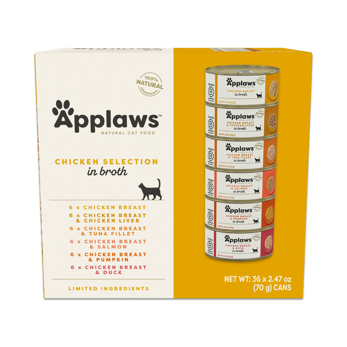 Applaws: lata de alimento húmedo para gatos con caldo de pollo, alta proteína.