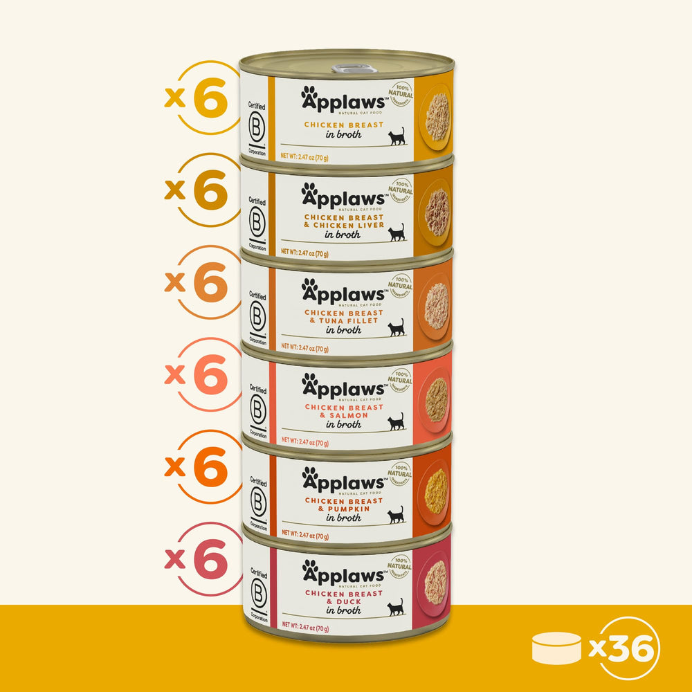 Applaws: pack de 36 latas, pollo en caldo, opciones variadas para gatos.