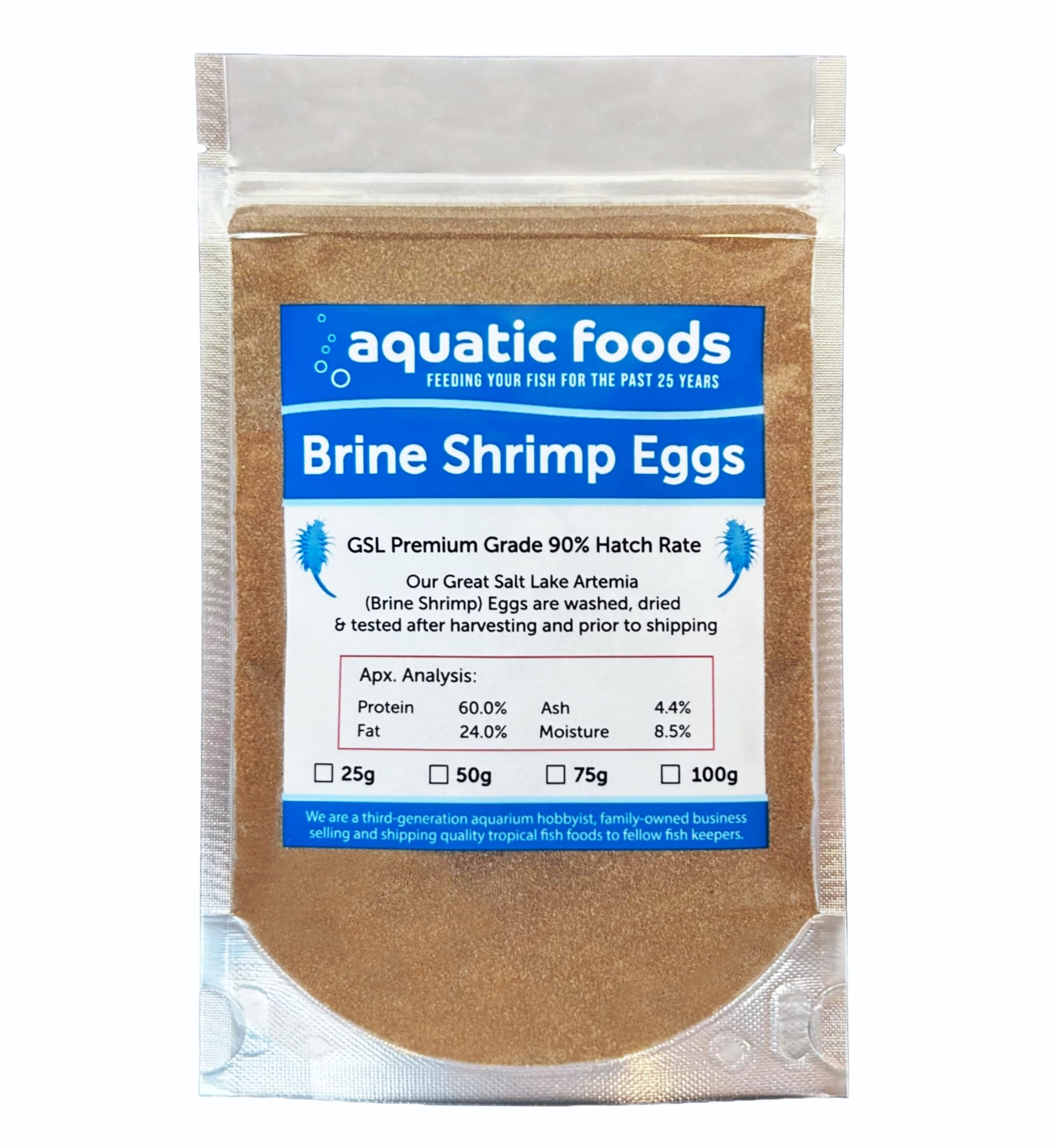 Aquatic Foods Huevos de Artemia en empaque de 25 g, ideal para crías.