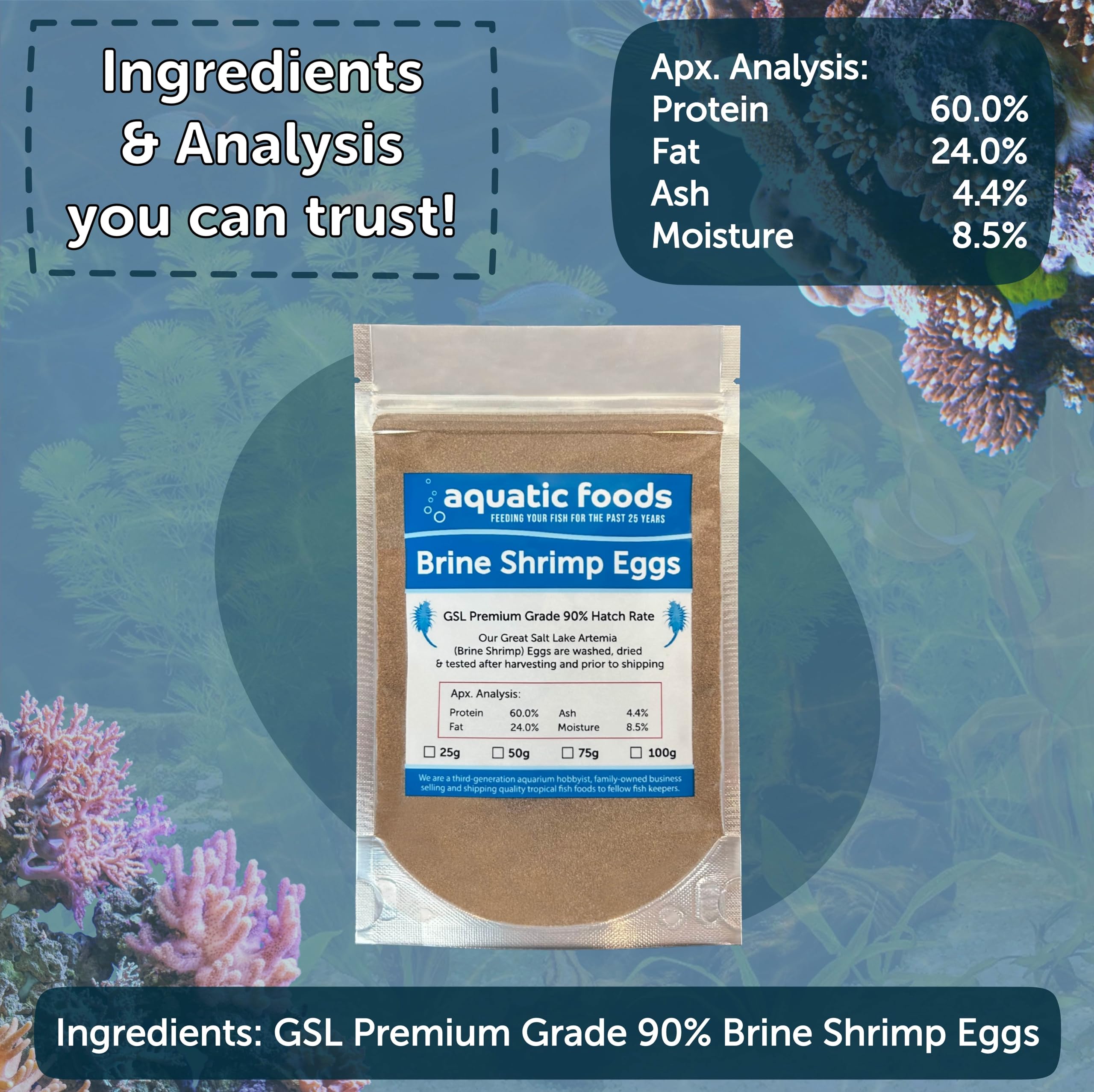Huevos Artemia para acuario tropical, uso fácil con Aquatic Foods.