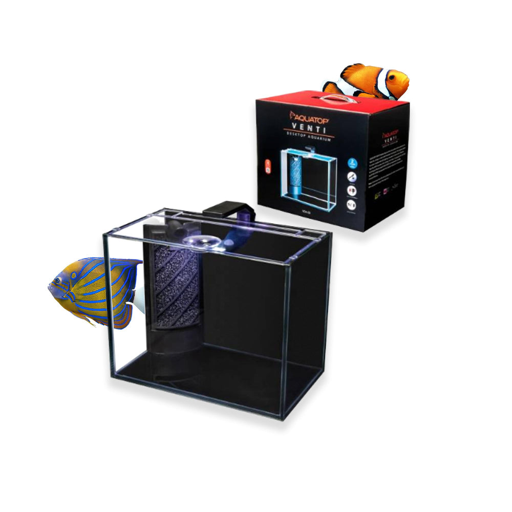 Aquatop Venti acuario 2gal con luz LED para visualización nítida en escritorio.