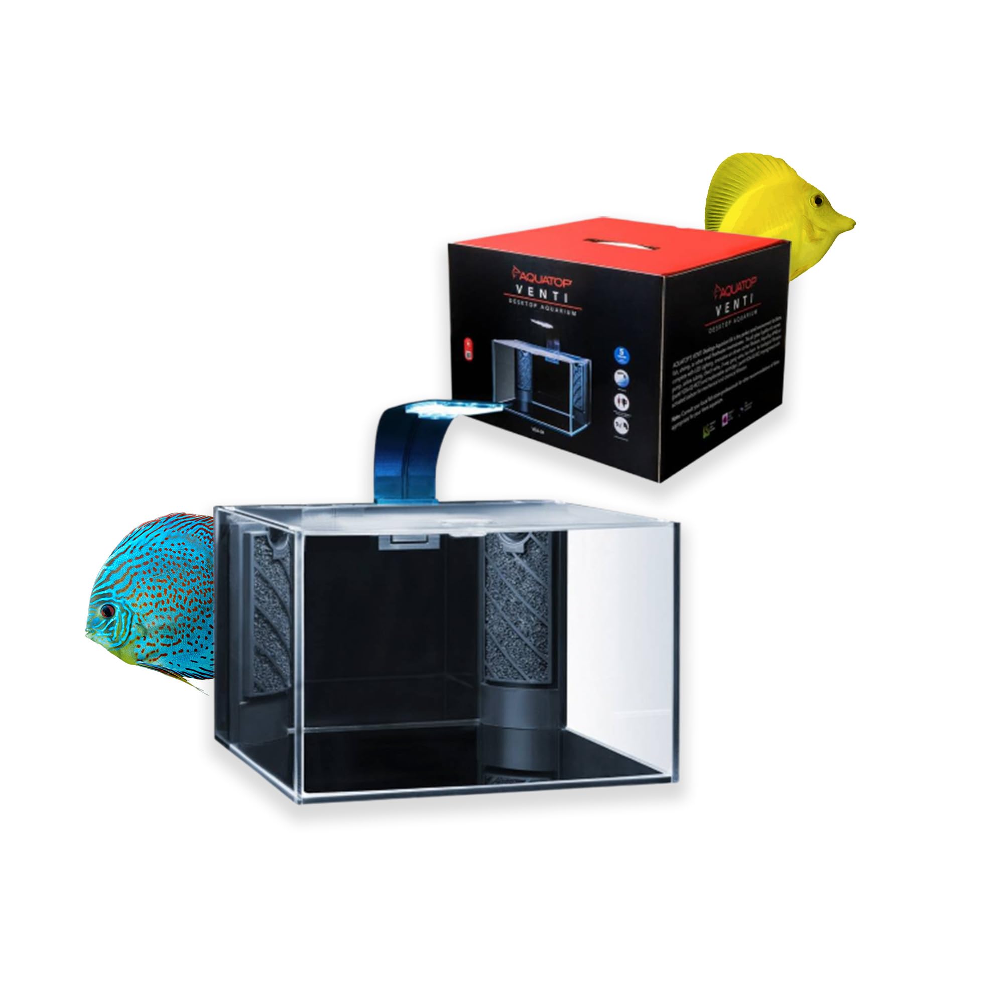 Acuario Aquatop Venti 5 gal frontal para exhibir peces con iluminación equilibrada.