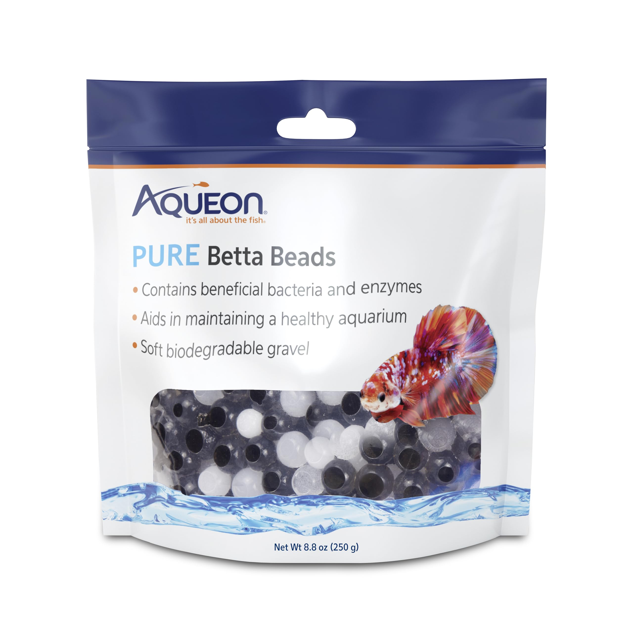 Aqueon PURE Betta Beads crea entorno interactivo para betta y juego.