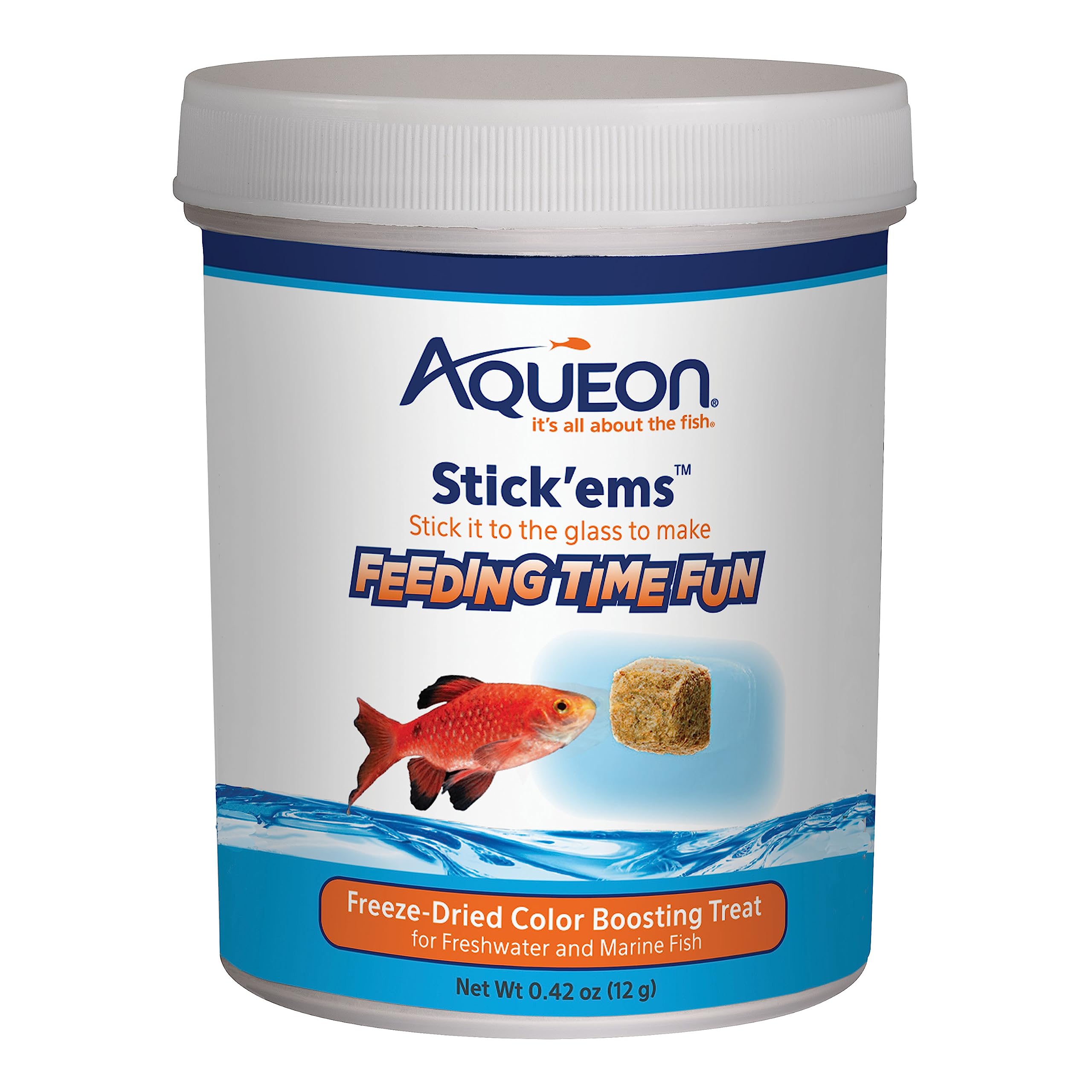 Aqueon Stick'ems adherido al costado del tanque para alimentación interactiva