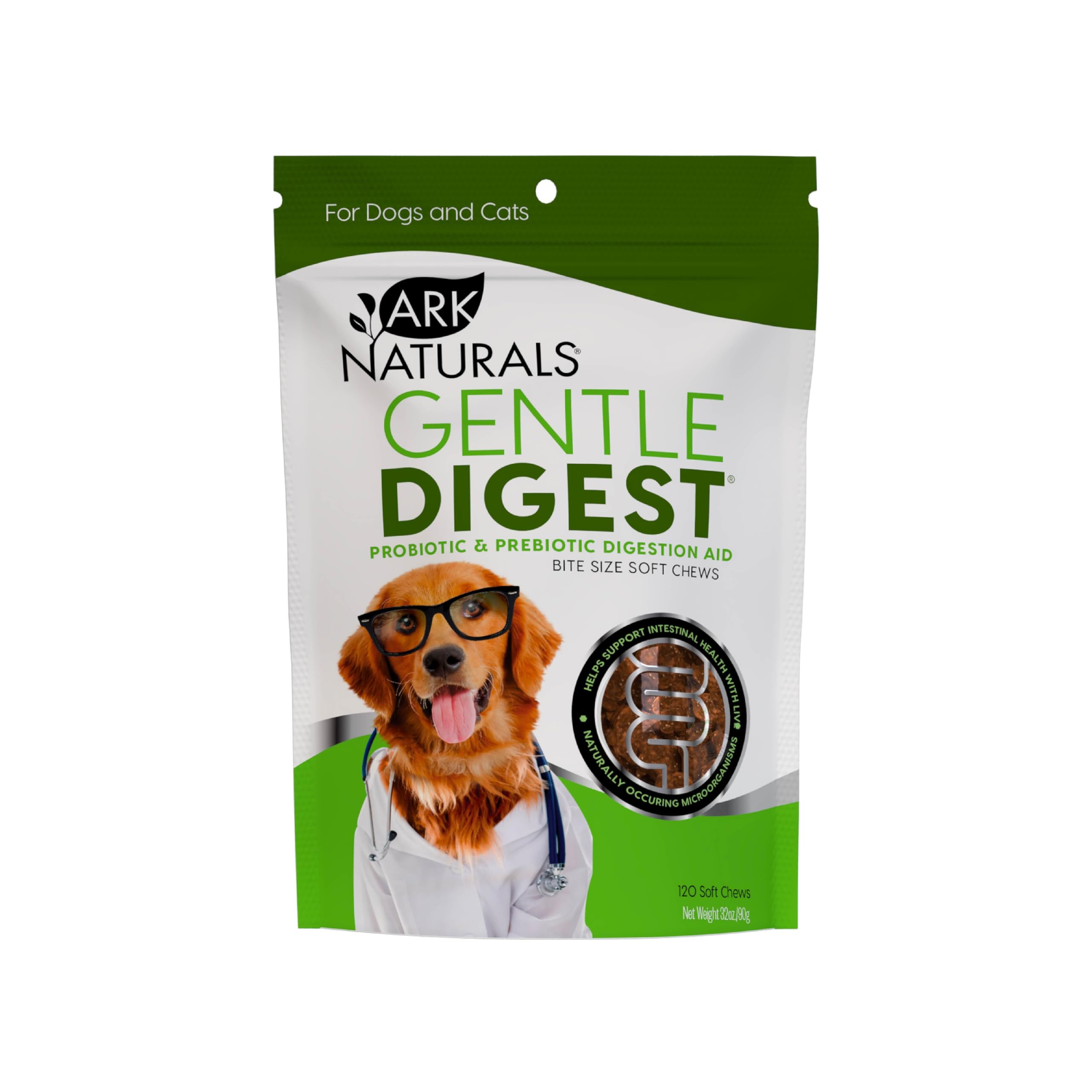 Ark Naturals Digestivo Suave gominolas en empaque, apoyo digestivo diario para mascotas.