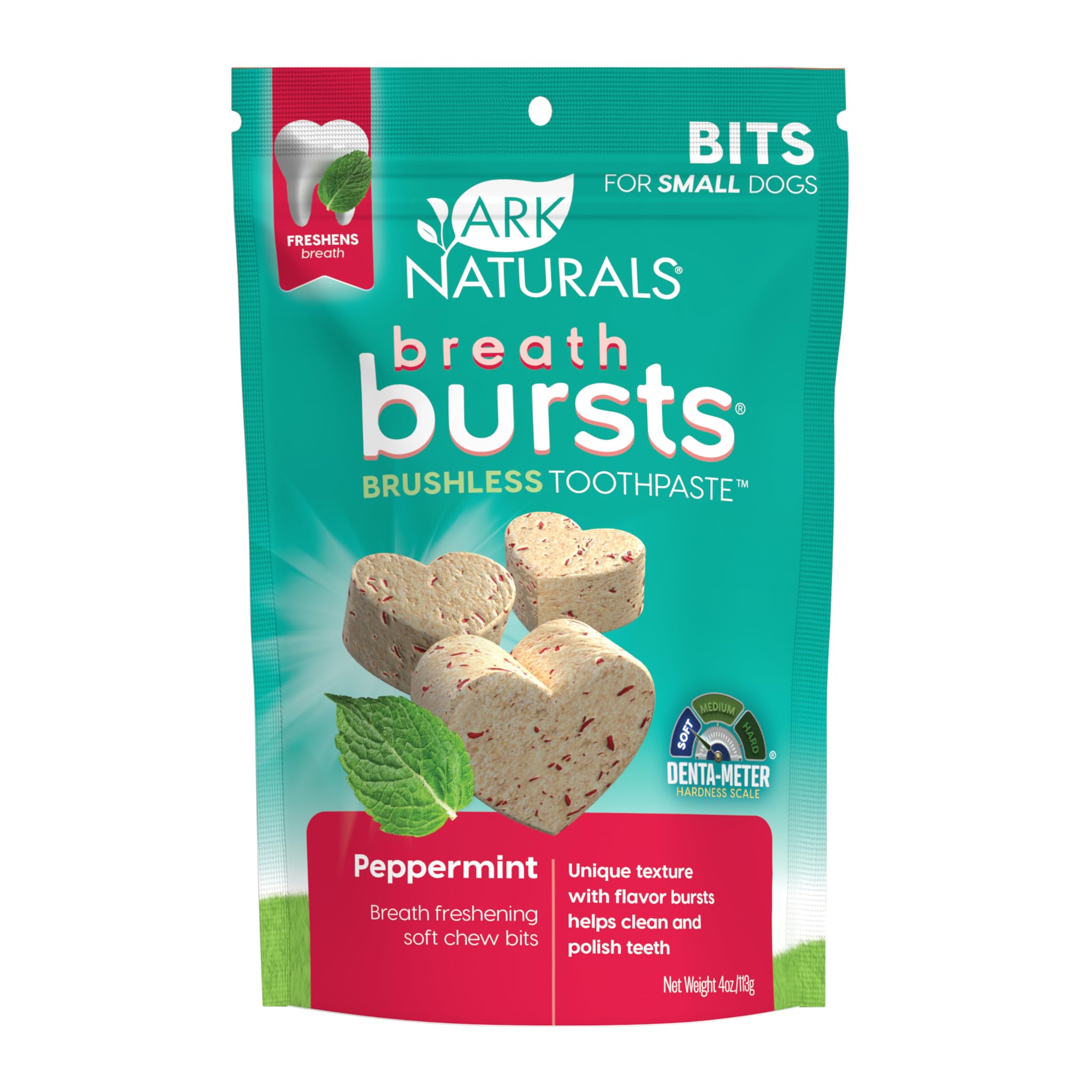 ARK Naturals estallidos de aliento dentales en empaque, ideal para razas pequeñas.