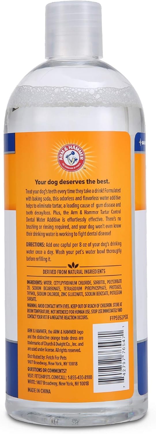 Arm & Hammer rinse pouring into a dog’s water bowl for easy oral care.