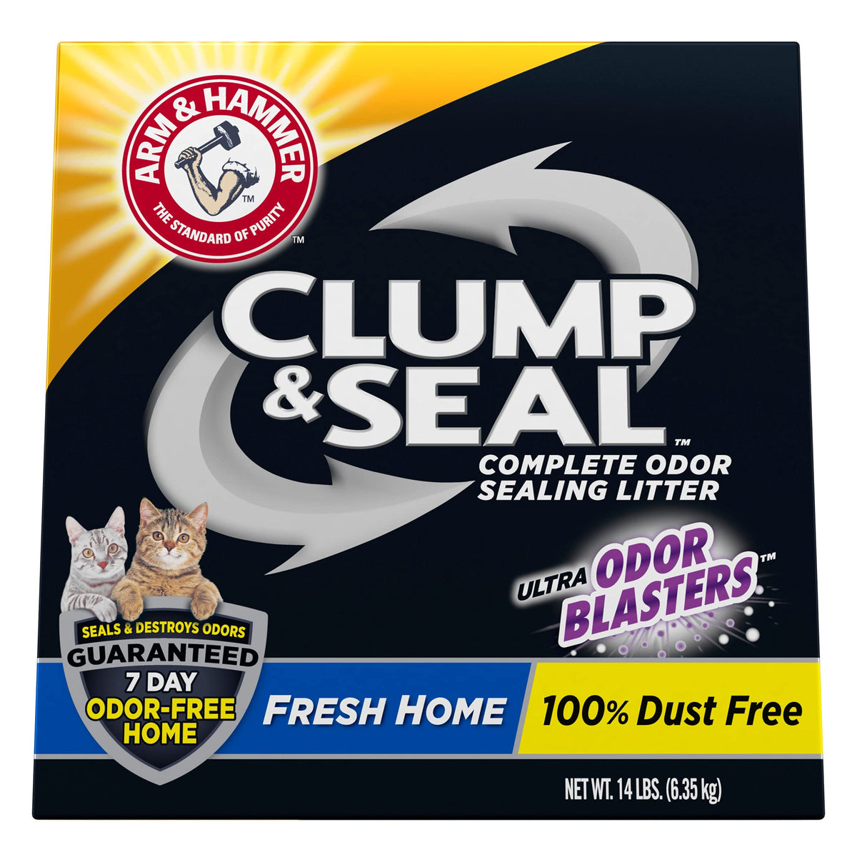 ARM & HAMMER Clump & Seal aroma fresco en envase de 14lb para gatos.