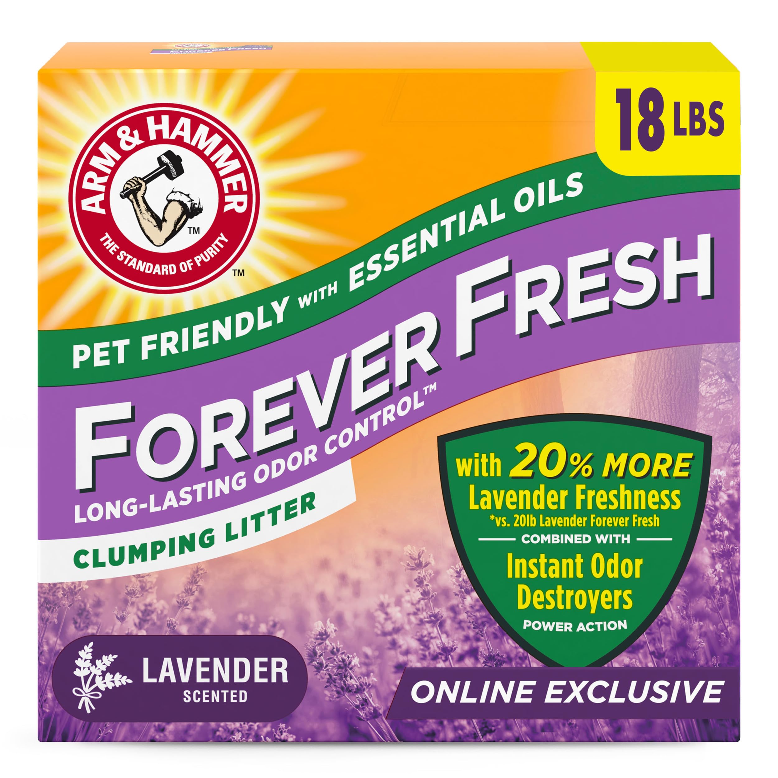 Arm & Hammer Forever Fresh Lavanda: bolsa de 18 lb para control de olores duradero.