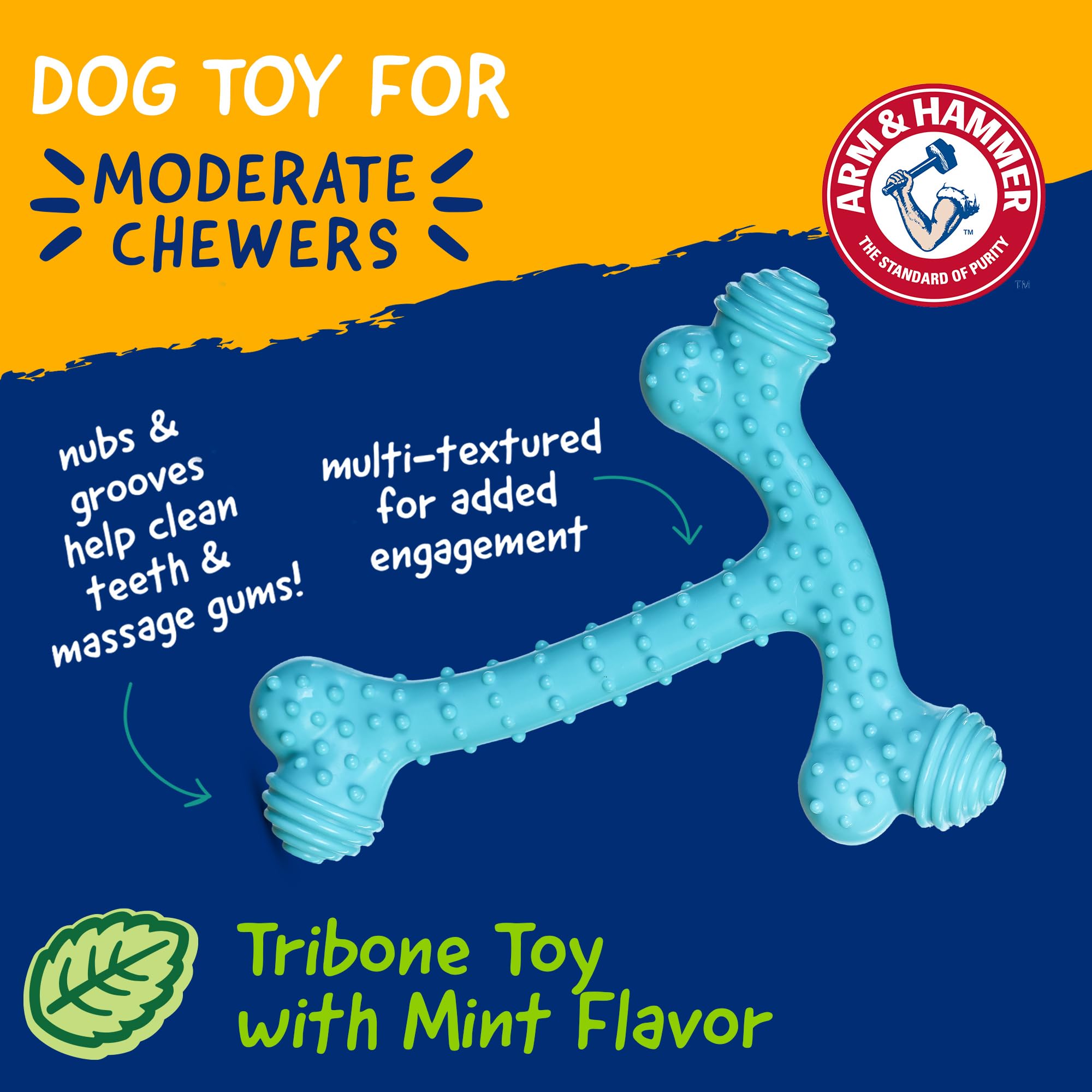 Arm & Hammer Nubbies T-Bone, textura de protuberancias para limpieza dental durante masticación.