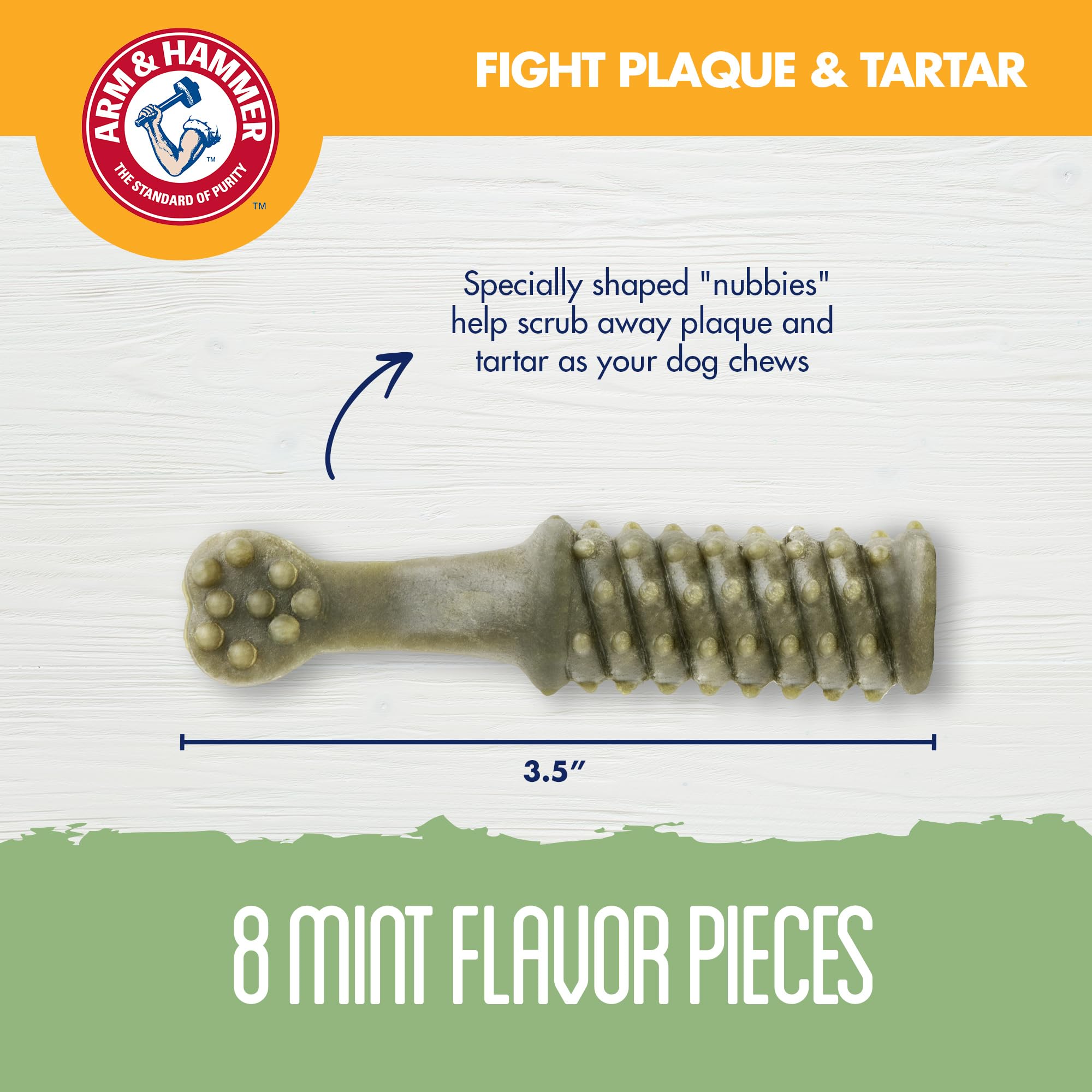 Aliento más fresco con Nubbies de Arm & Hammer para mascotas durante la masticación.