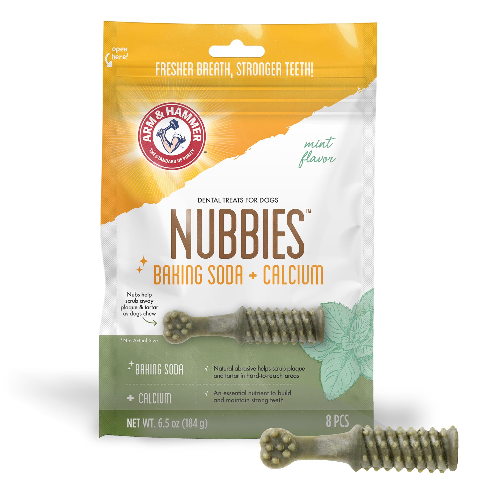 Arm & Hammer Nubbies para mascotas, premios dentales que favorecen la higiene bucal durante el juego.