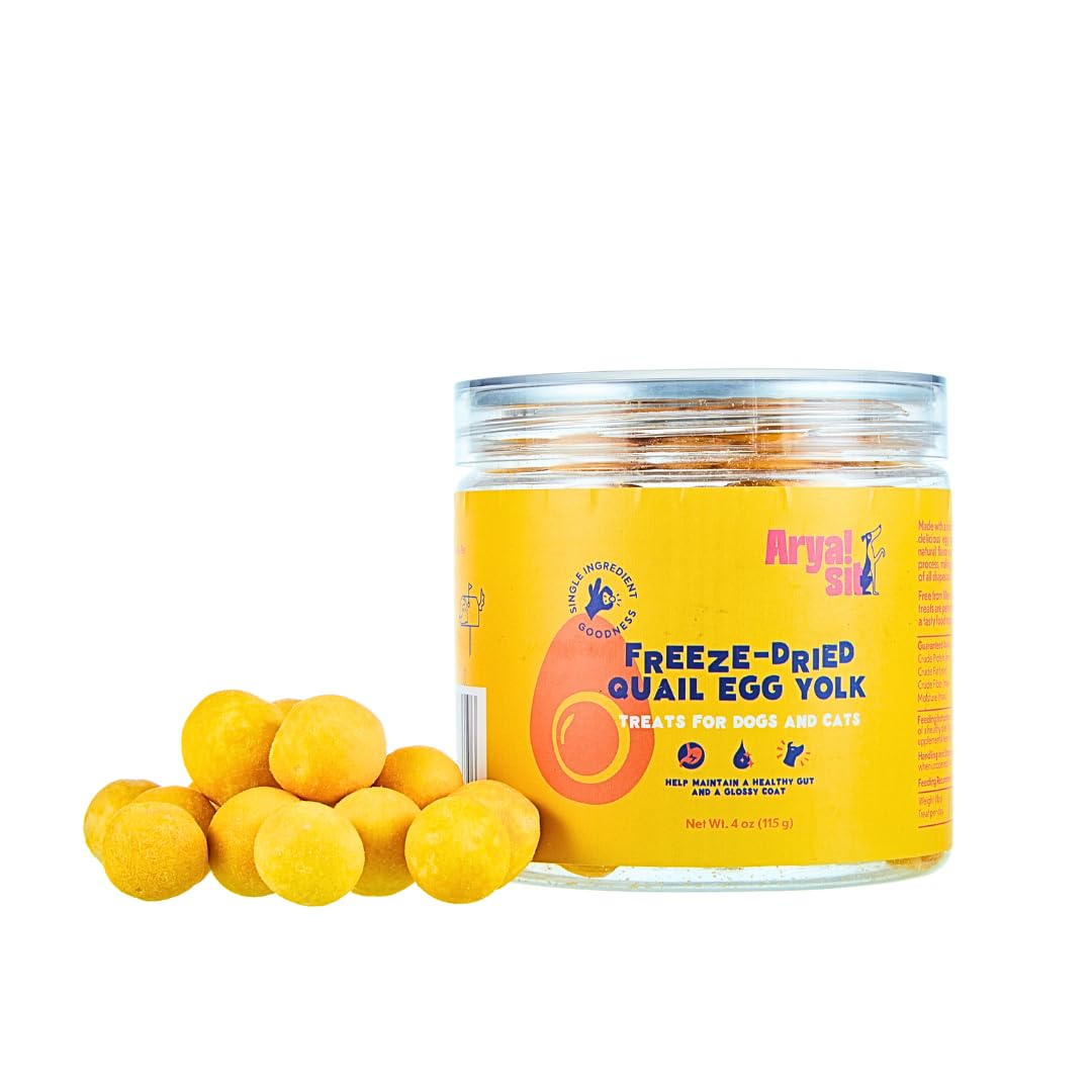 Frasco Arya Sit! con huevo de codorniz seco, merienda proteica para mascotas.
