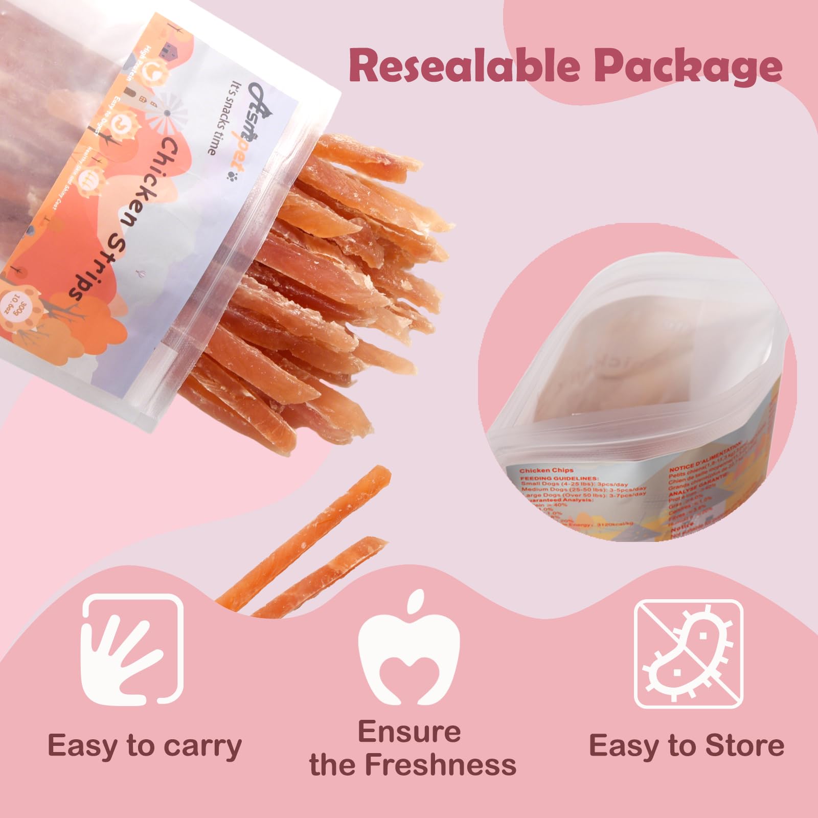 ASMPET Tiras pollo jerky alto en proteína para músculos activos.