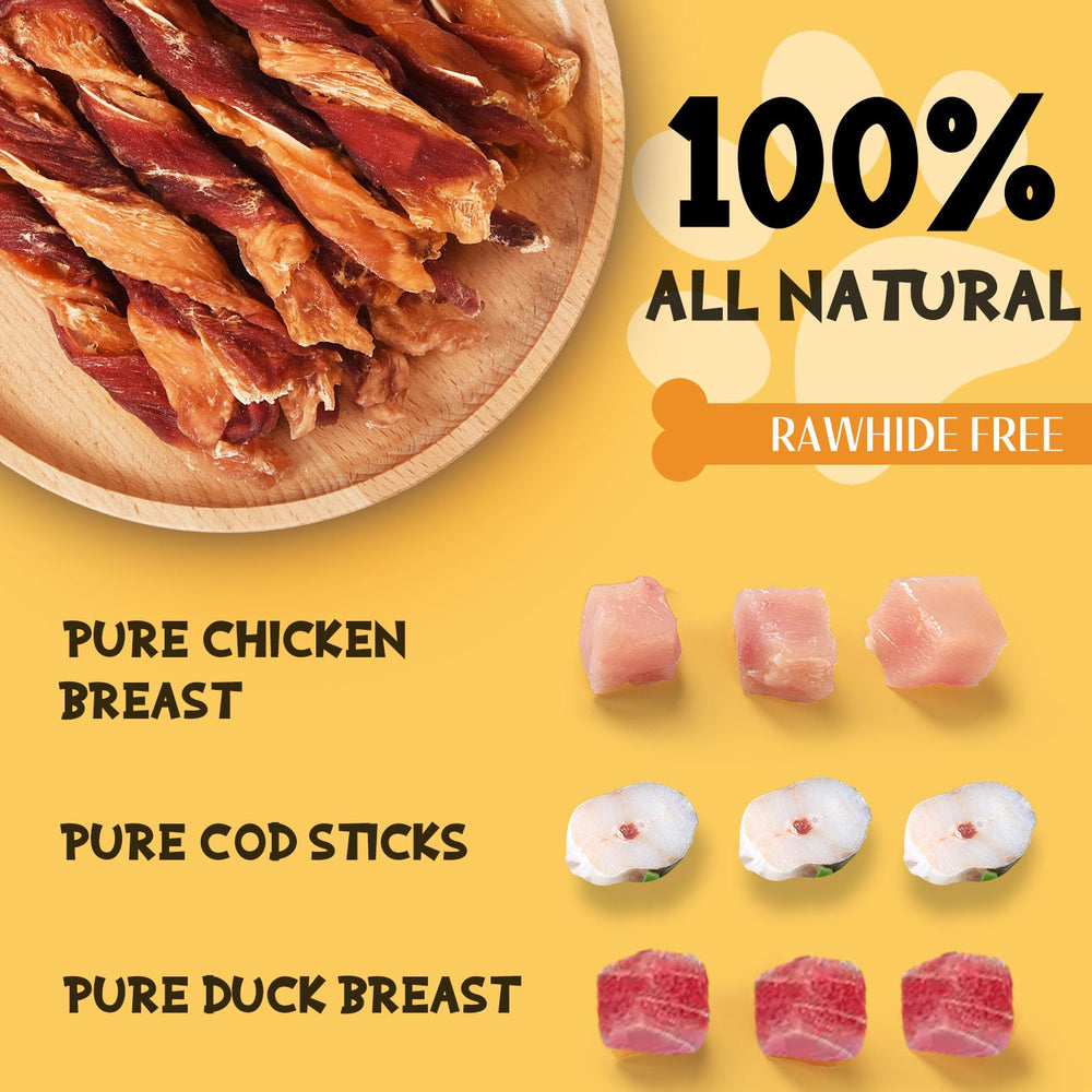 ASMPET Jerky Twists ingredients close-up with real chicken, duck, cod