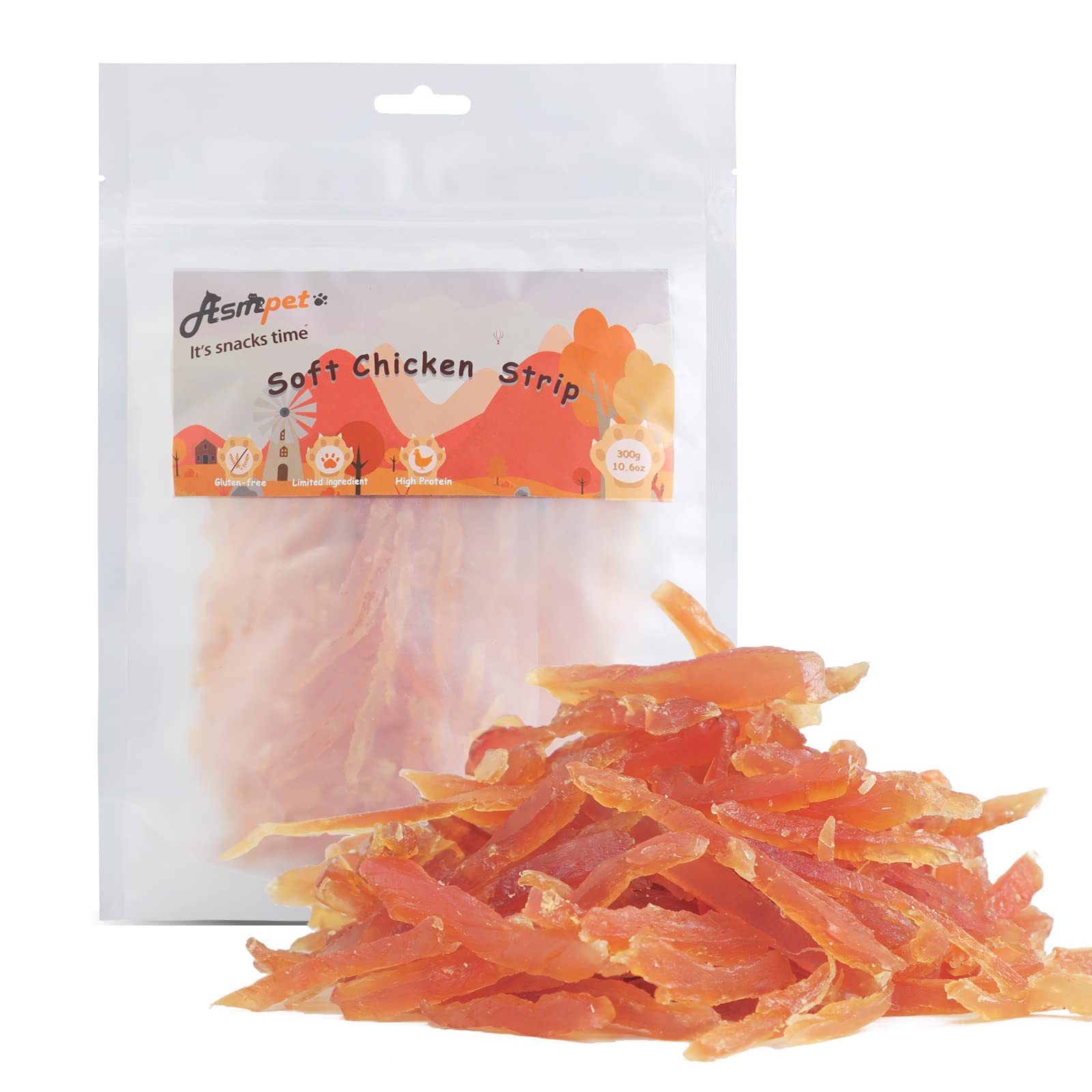 ASMPET lanières poulet sans céréales, récompense savoureuse et facile à mâcher.