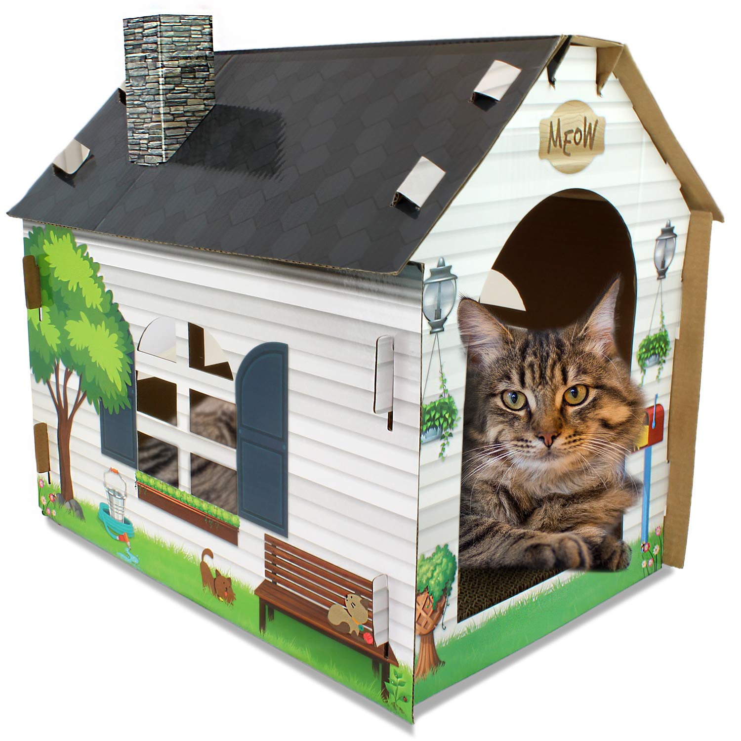 ASPCA casa de gato de cartón, frente visible, refugio cómodo para jugar.