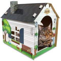 ASPCA casa de gato de cartón, frente visible, refugio cómodo para jugar.