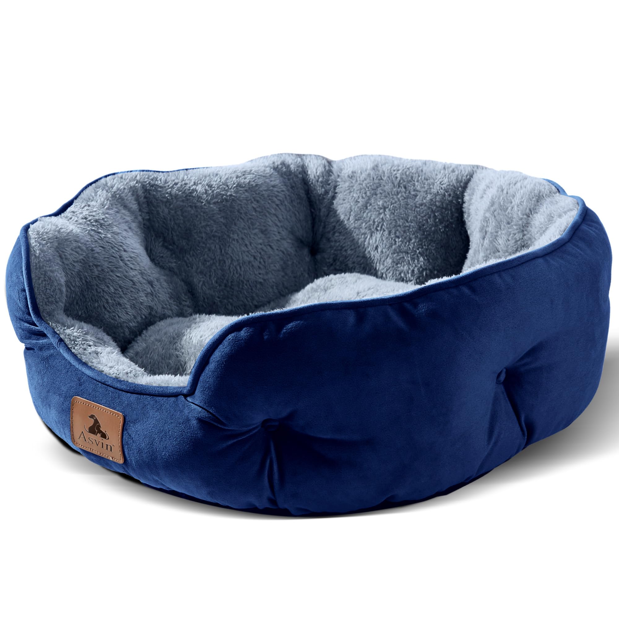 Cama Asvin para perros pequeños con sherpa azul, suave para siestas calmantes.