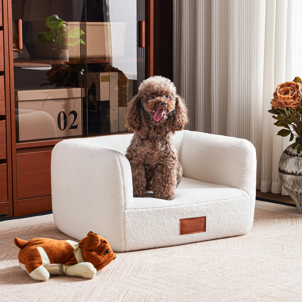 Sofá para perros ATJafurn blanco con pelo sintético, descanso suave y cálido.